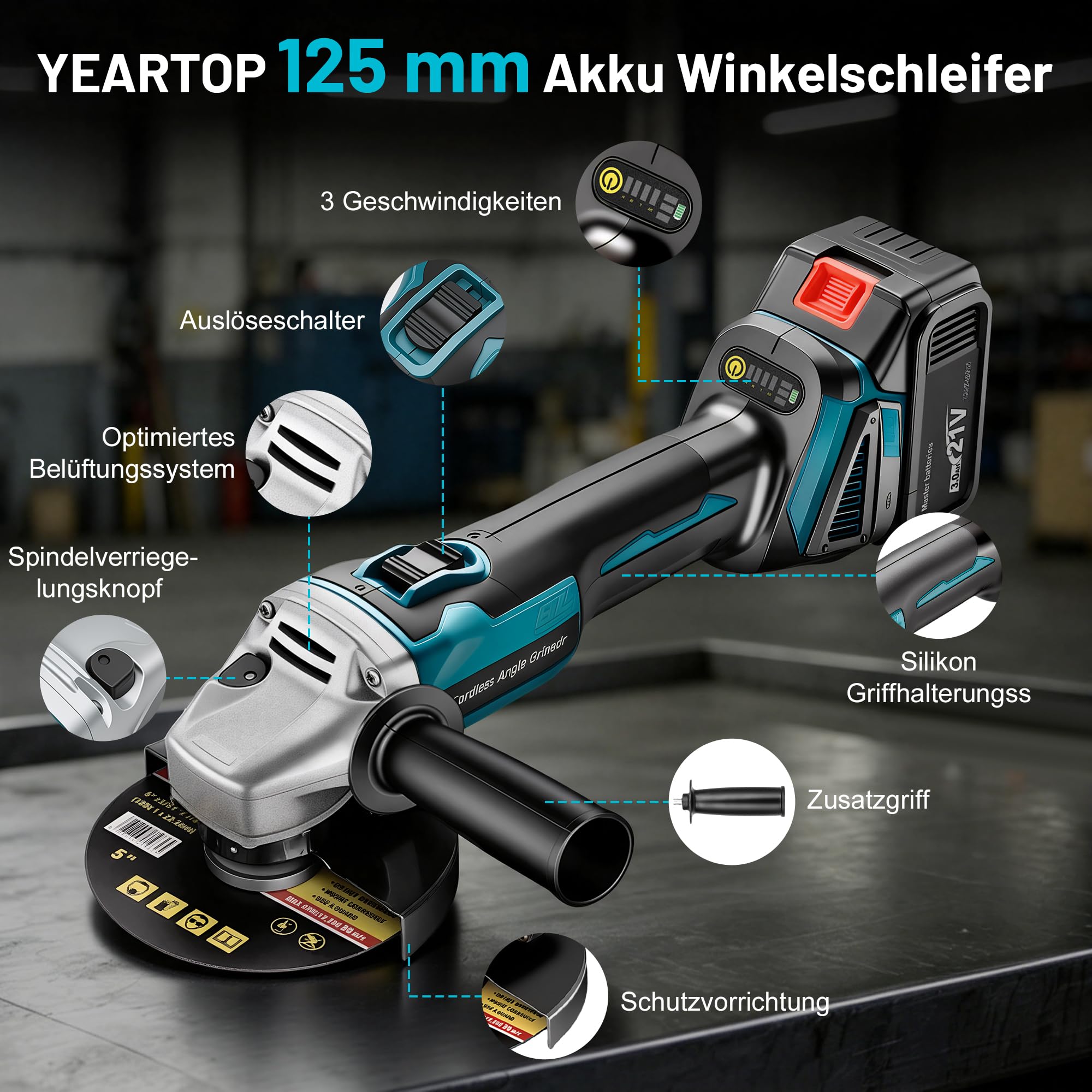YEARTOP Akku Winkelschleifer Ø 125mm Kompatibel mit Makita 18V Akku | für Holz Metall Trennen und Schleifen, Bürstenloser Motor 3 Stufen Regelbar 9000 U/min Akku Flex mit 2x 3.0Ah Akkus