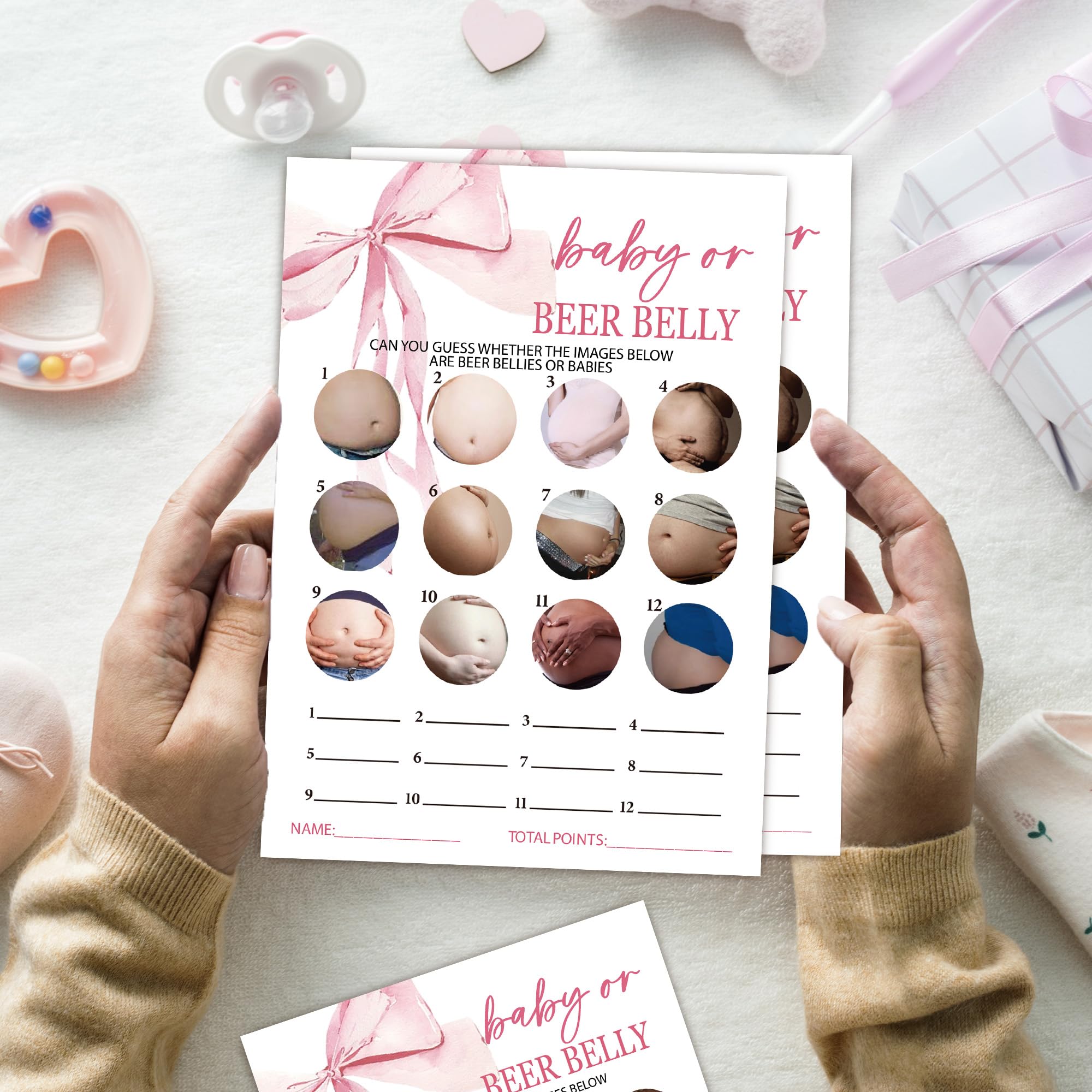 Karty do gier dla niemowląt lub piwa, baby shower, 25 neutralnych płci kart z 1 kartą odpowiedzi, różowy łuk, ujawnienie płci, zestaw akcesoriów imprezowych, dekoracje na baby shower (13 x 18