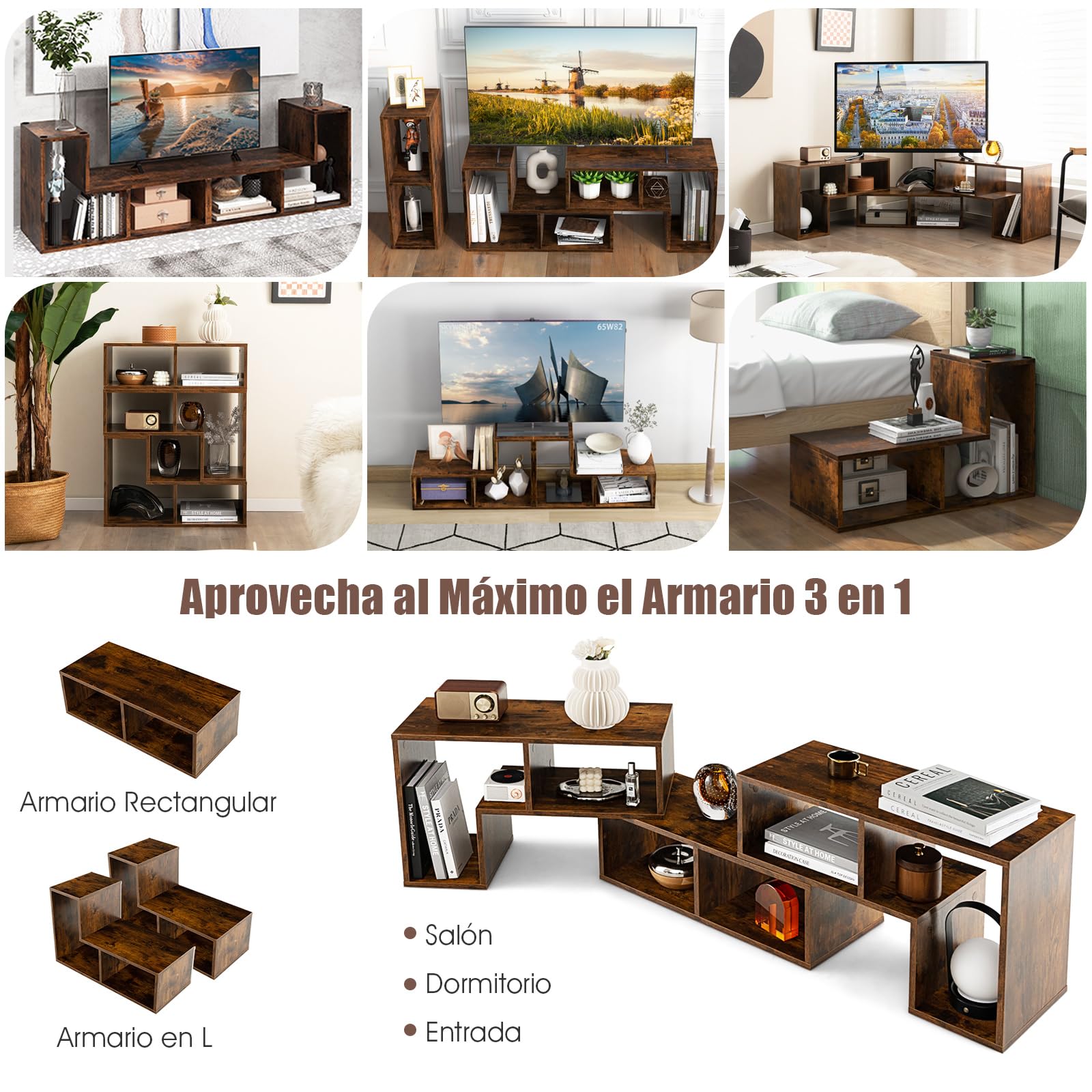 COSTWAY Consola de TV de 3 Piezas,Moderno Centro de Entretenimiento para Televisores 50-65 Pulgadas, Combinación de Librería para Almacenamiento y Exposición, Salón, Dormitorio y Estudio (marrón)