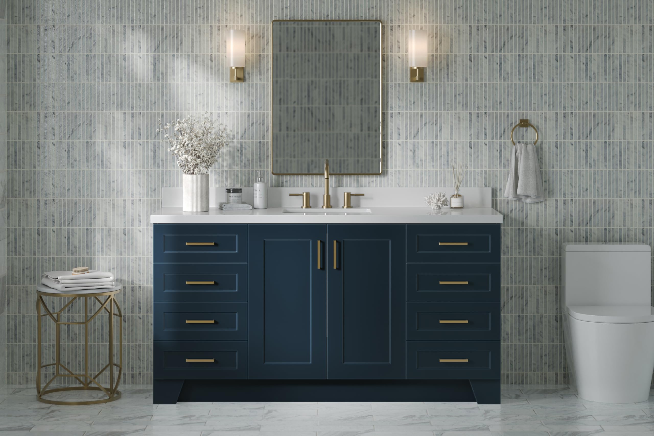ARIEL Taylor 66" Midnight Blue Bathroom Vanity Base Cabinet, Single Sink Configuration, 2 Soft Closing Doors, 9 Full Extension Dovetail Drawers, Toe Kick, Satin Brass