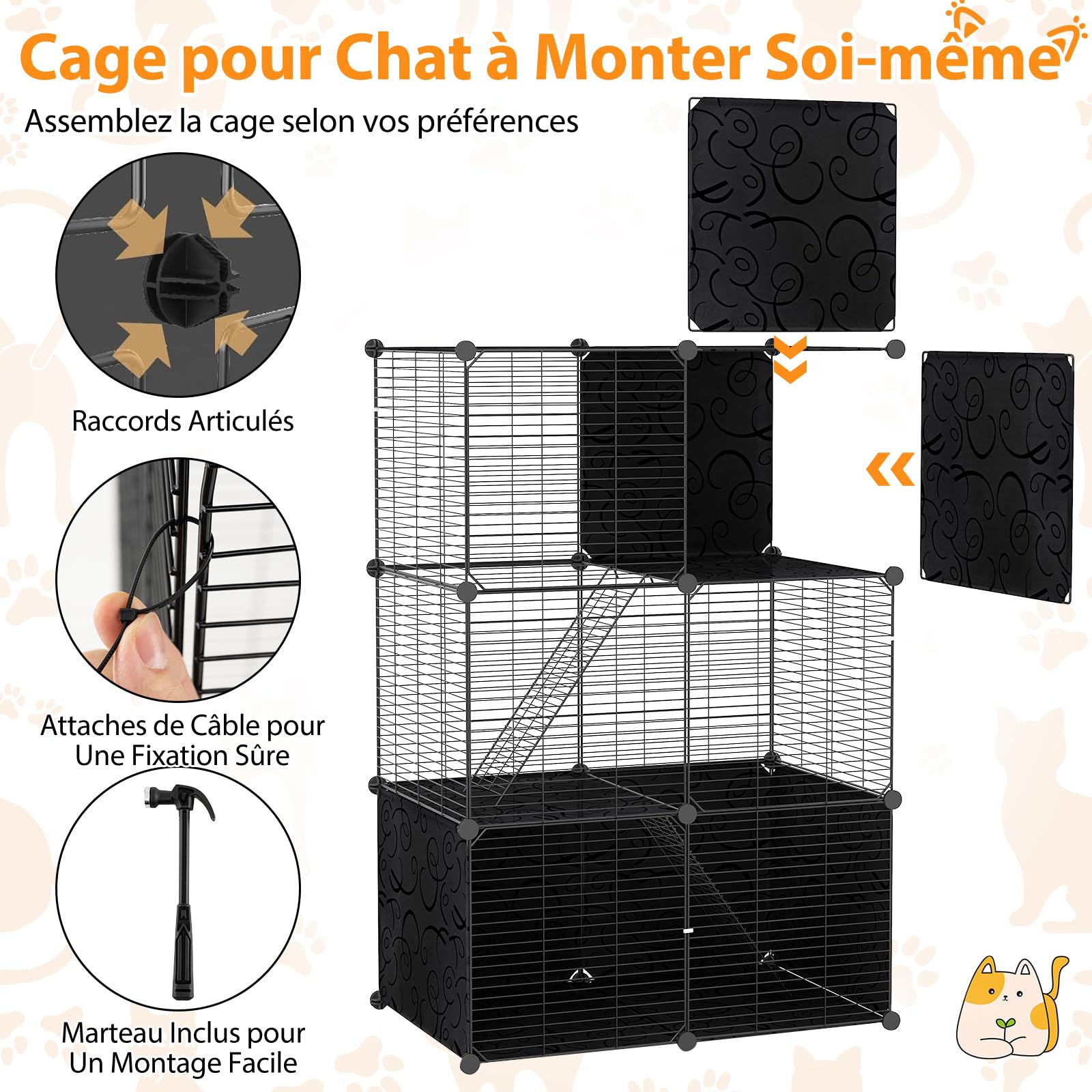 GYMAX Cage Métallique d'Intérieur pour Chat 3 Niveaux avec 2 Échelles 3 Portes