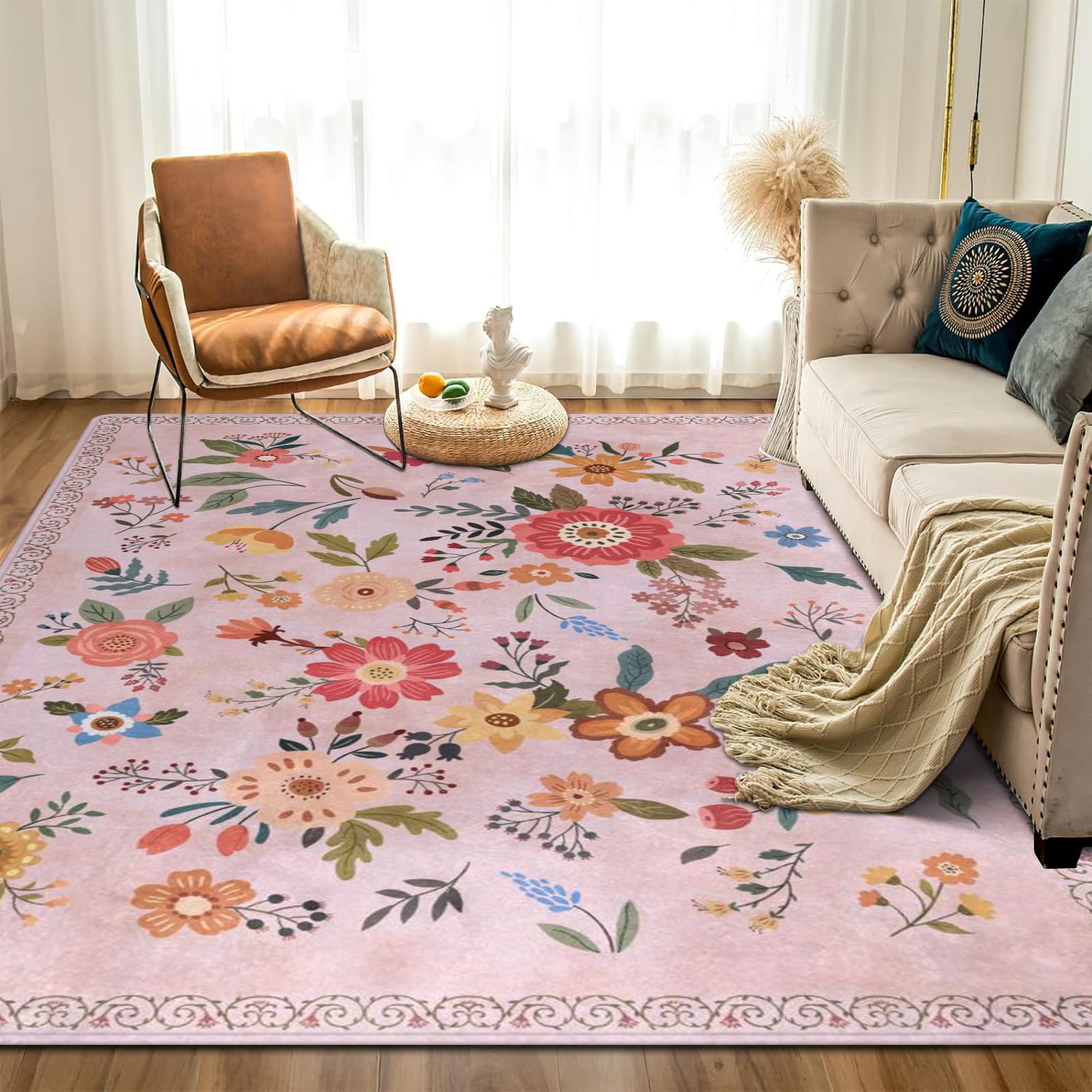 Amorettise Boho Floral Vintage Rug 7' x 5' Pink Flowers Rugs for Girls Bedroom Non-Slip Washable Floor Carpet for Living Room Dining Room