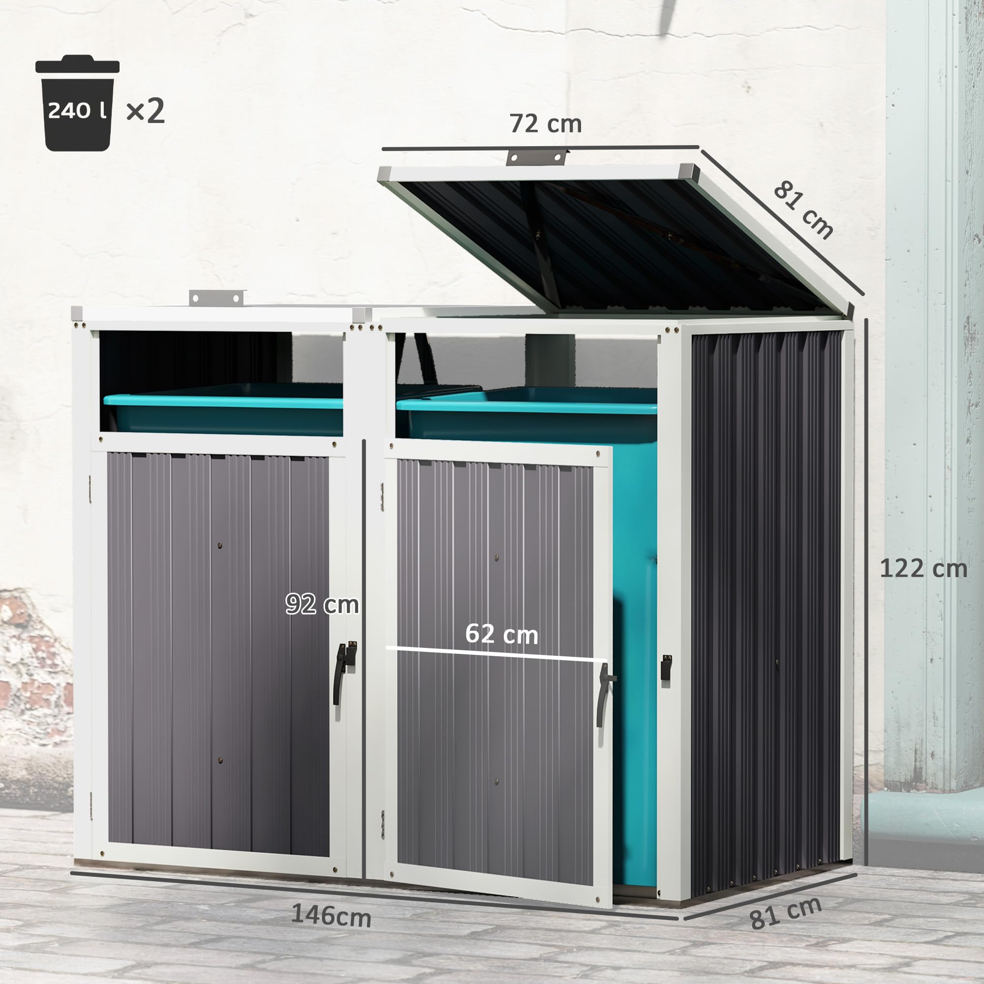 Outsunny Casetta per Spazzatura Esterna a 2 Sezioni in Acciaio Zincato con Coperchio Sollevabile a 180° Capanno da Giardino per Giardino e Patio 146x81x122 cm Grigio Scuro