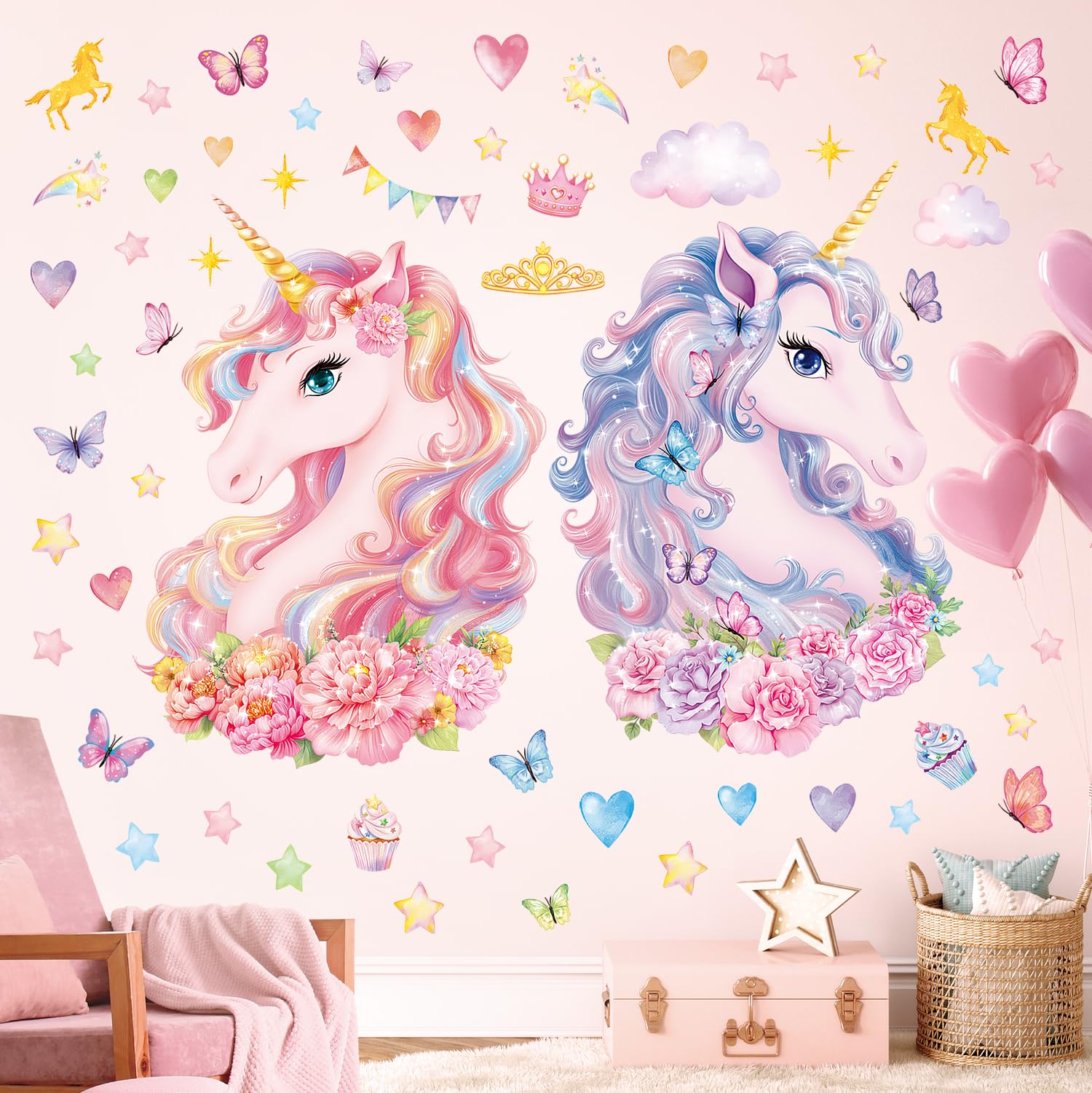 decalmile Stickers Muraux Licorne Arc-en-ciel Autocollant Mural Enfants Licorne Cœurs Décoration Chambre Fille Enfants Bébé Pépinière Mur