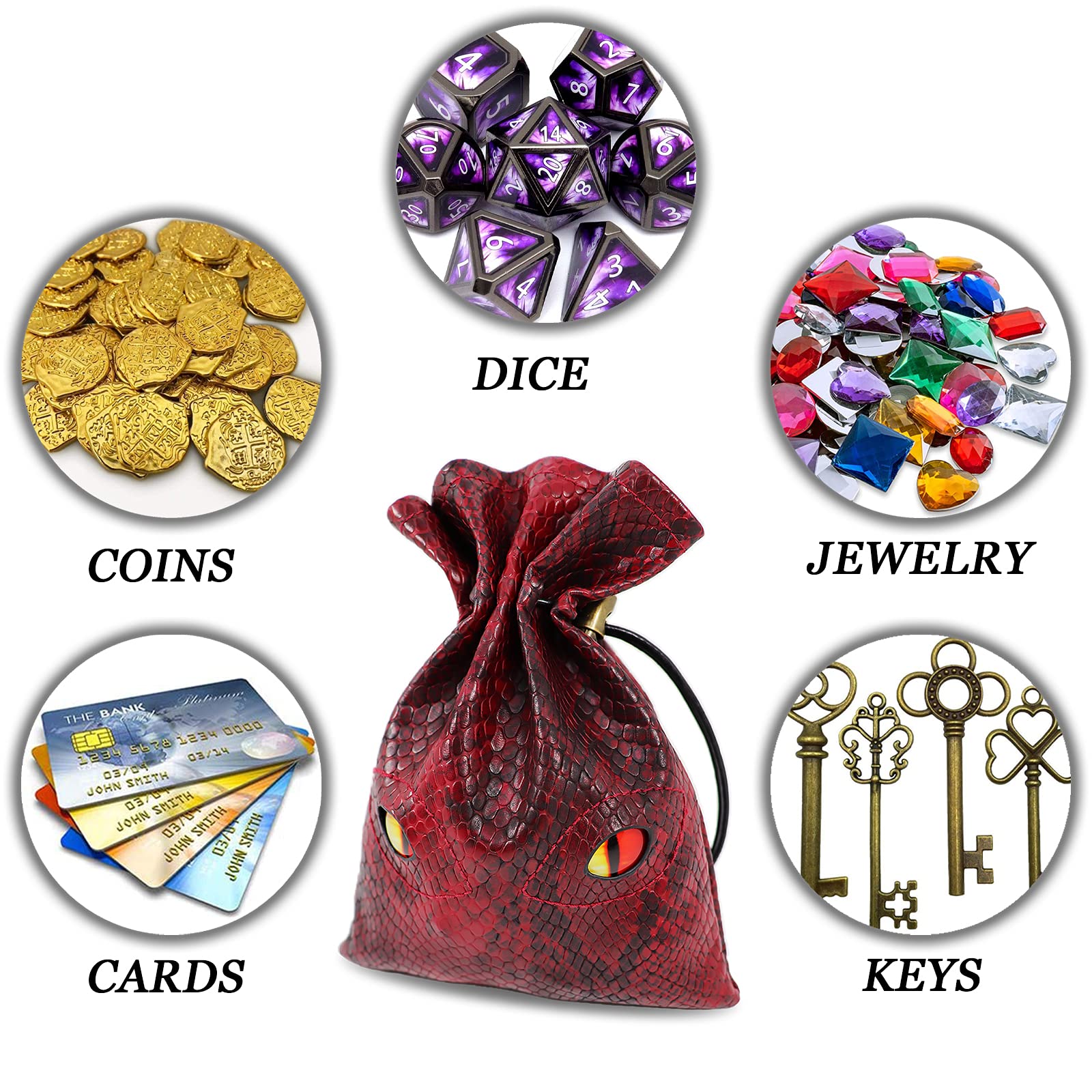 Byhoo Borsa per Dadi Con Occhi Fosforescenti - Contiene 6 Set, Sacchetto per Monete in Pelle di Drago Rosso Fuoco per Giochi da Tavolo DND e RPG