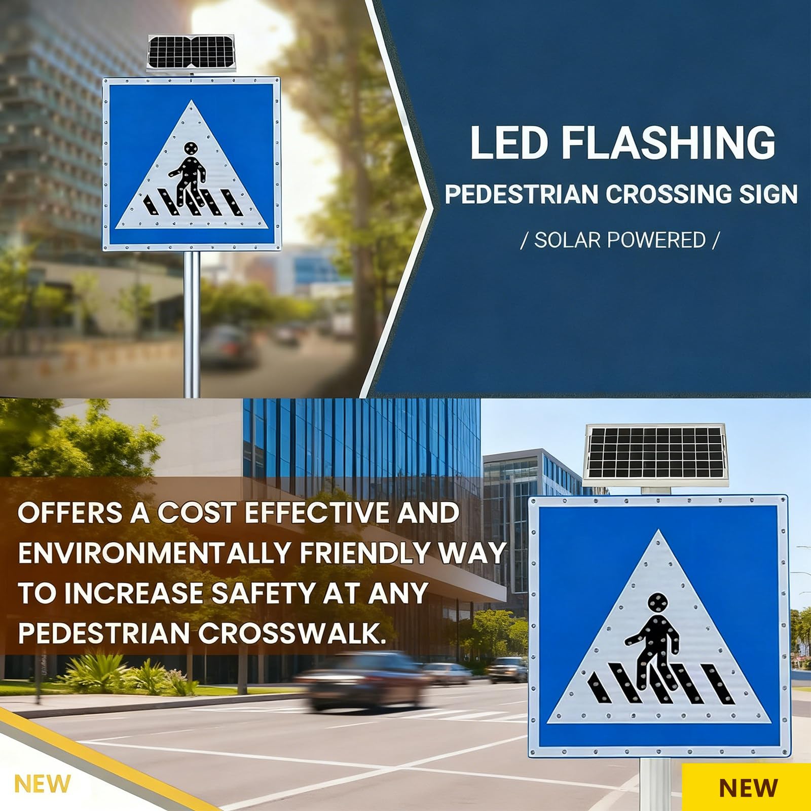 Señal de parada con energía solar para cruce de peatones, señal de seguridad vial iluminada, señal de advertencia de tráfico de aluminio reflectante