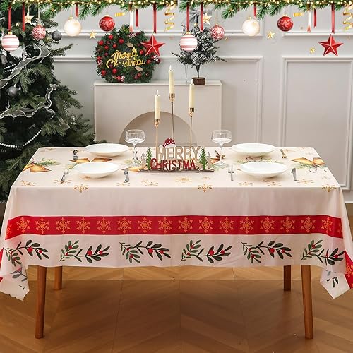 Miniatura 9 de Paquete de 6 manteles desechables de Navidad, manteles rectangulares de 60 x 86 pulgadas, mantel de Navidad de plástico, impermeable y resistente a