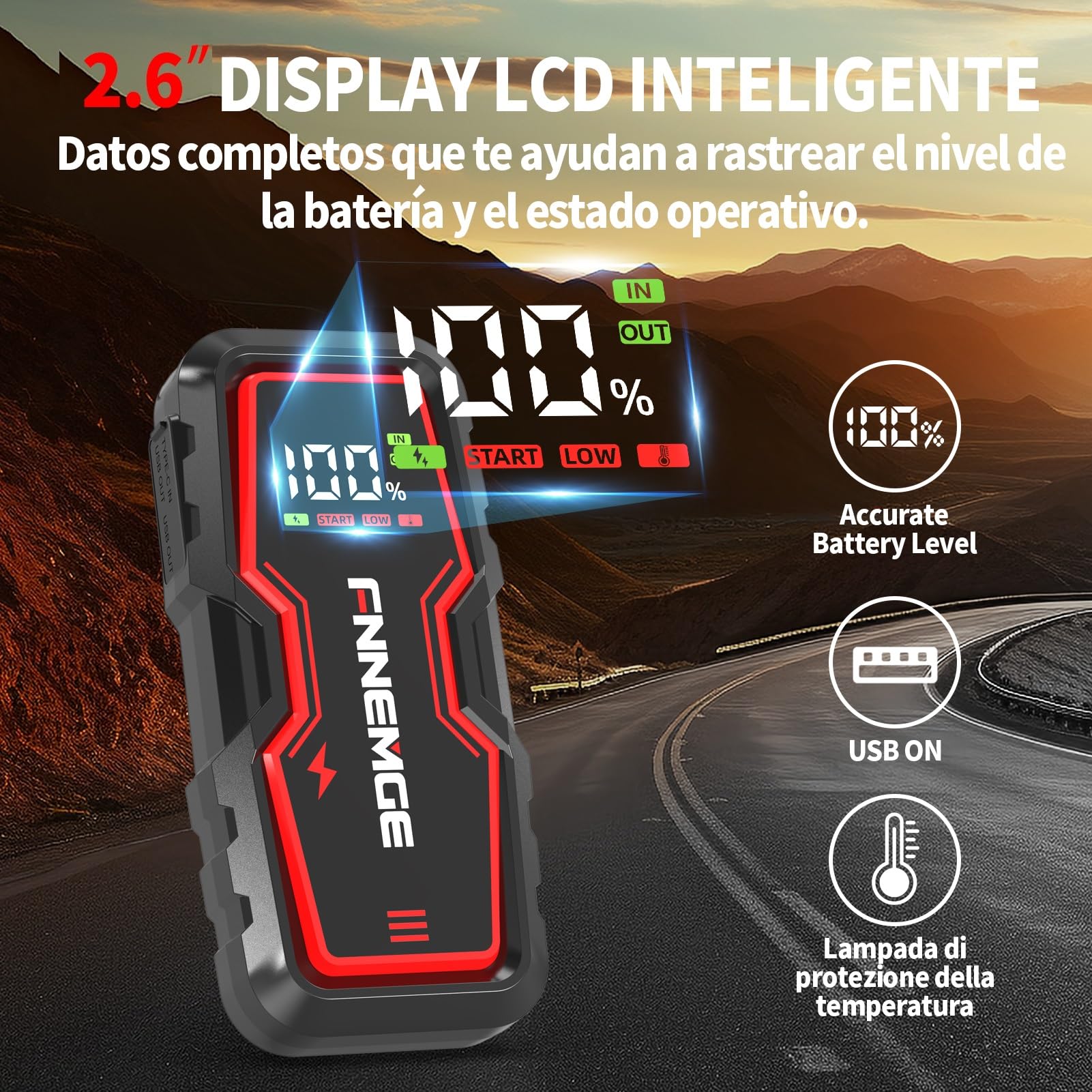 FNNEMGE Arrancador de Coches, 9000A 26800mAh Arrancador Batería Coche (para Todo vehículo de Gasolina o 10,0L de Diesel),Booster Bateria, con Puerto de Salida USB, Luz LED, Pantalla Grande HD.