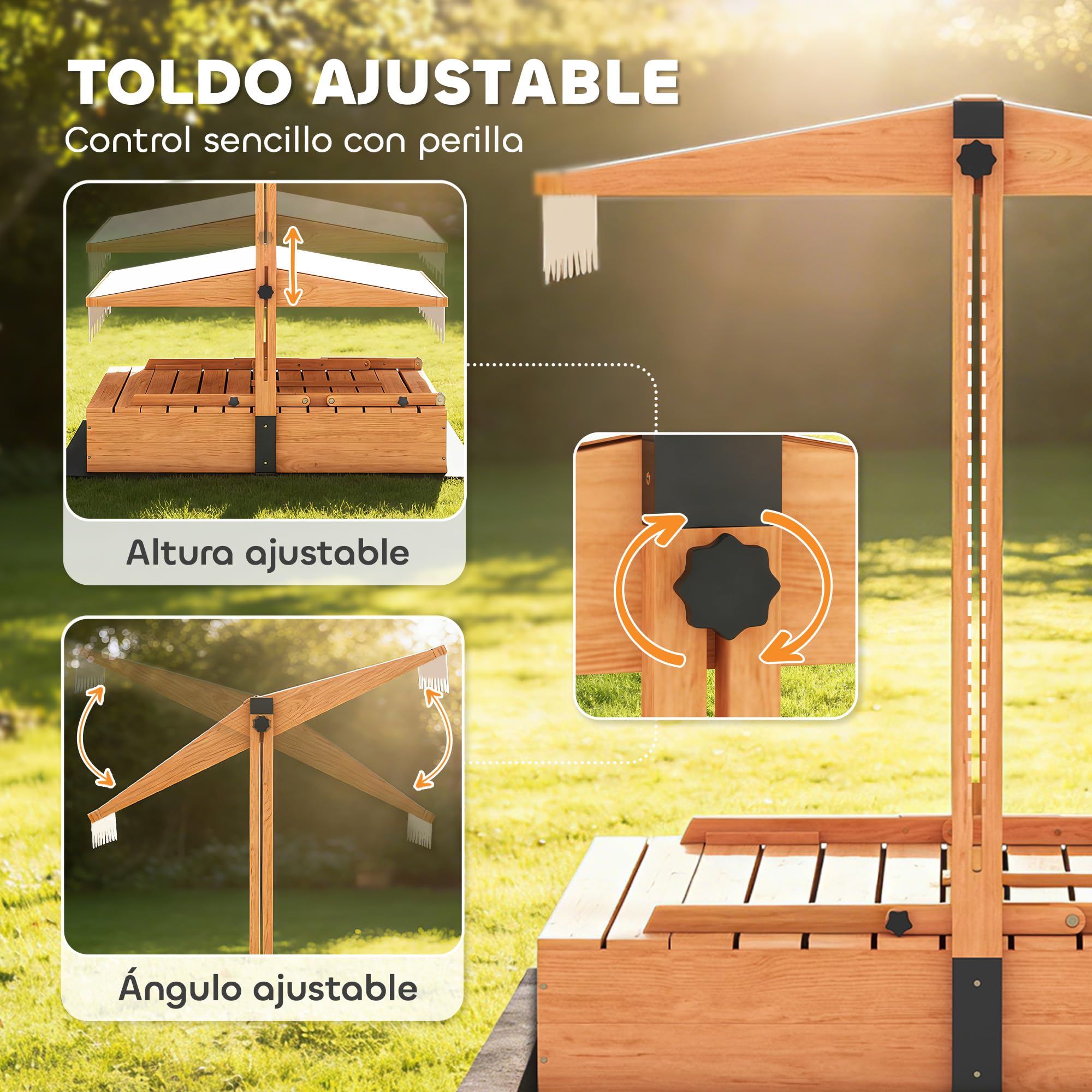 AIYAPLAY Arenero para Niños de Madera con Toldo Ajustable, Mesa Plegable de Picnic con Banco, Cubierta, 184x110x120 cm, Marrón