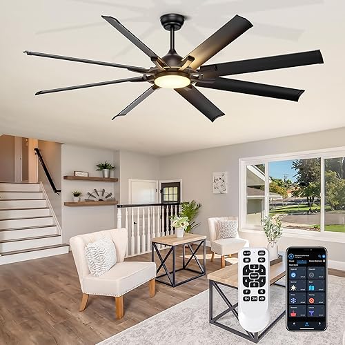 Ohniyou Ventilador de techo industrial de 72 pulgadas con control remoto de luces, ventilador de techo grande negro con 8 aspas de aluminio, 3 CCT,