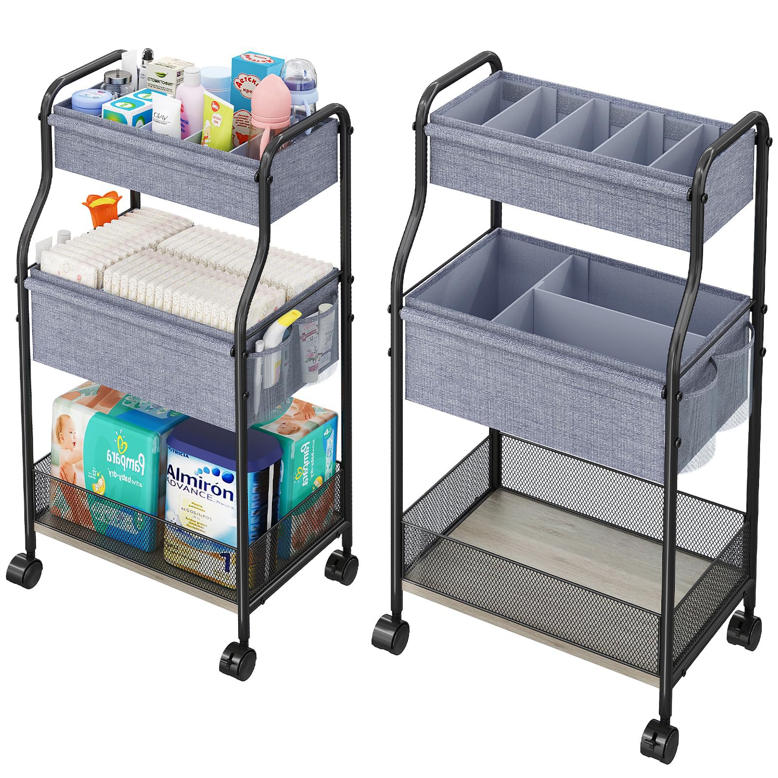 Organizador y carrito de almacenamiento para pañales de bebé de 3 niveles con 4 divisores y 2 divisores. Carrito utilitario móvil de metal con ruedas giratorias para artículos esenciales de guardería. Carritos con ruedas de gran capacidad para cuna, dormitorio y baño.
