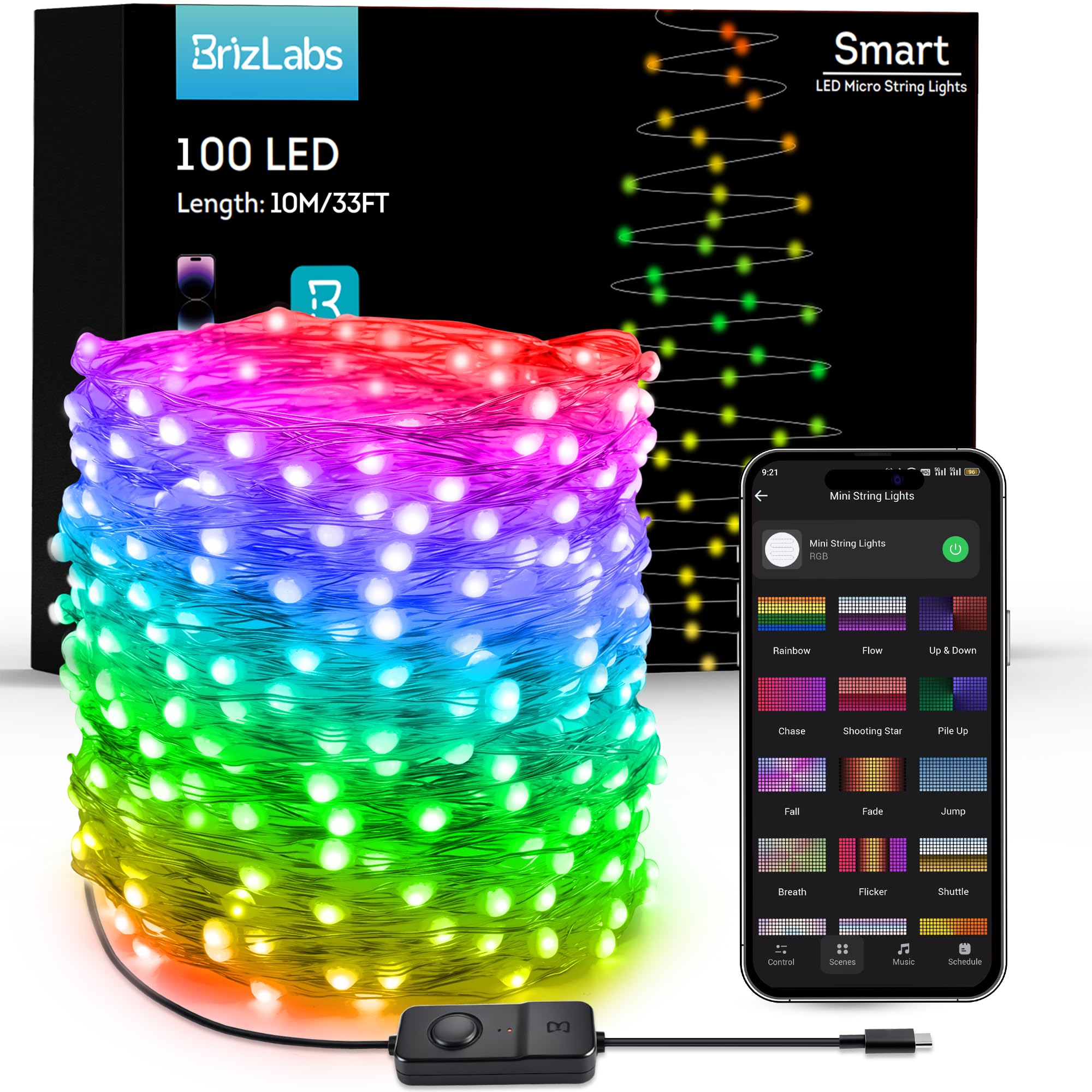 BrizLabs Smart RGB Fairy Lights 100 LED, USB-C Powered & App/Voice Control
