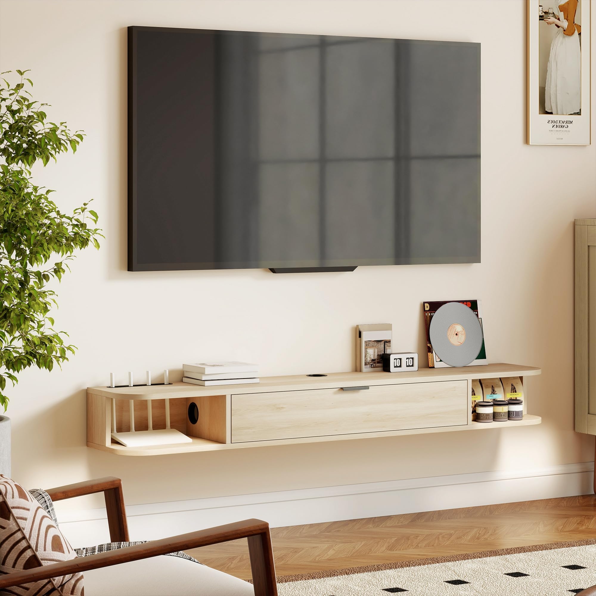 HOMCOM Mueble de TV Suspendido, Mueble de TV para Salón con Cajón Abatible, 2 Estantes Abiertos, Gestión de Cables, Estilo Moderno, para Televisión 60 Pulgadas, 140x24x16 cm, Madera Natural