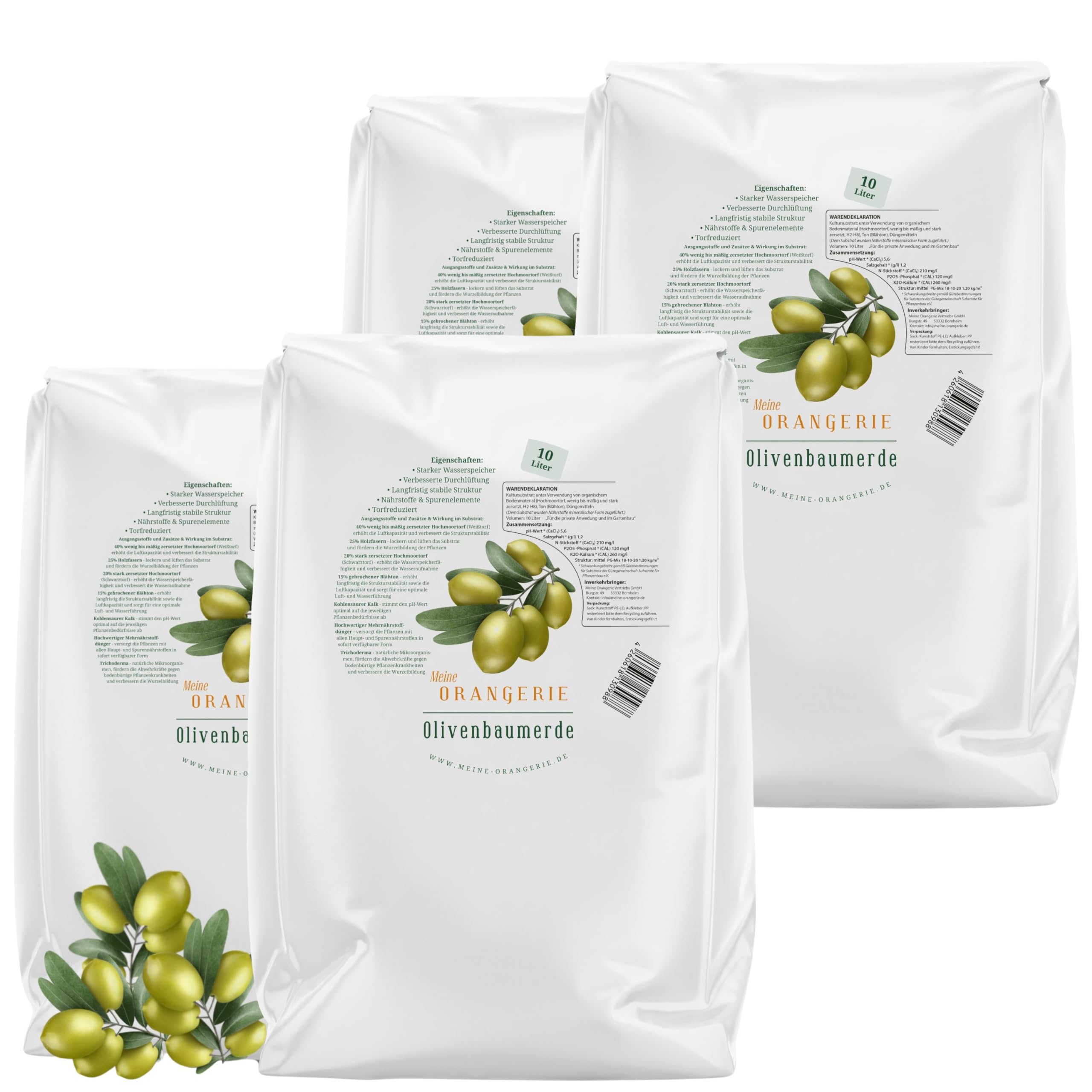 Meine Orangerie Olivenbaum Erde 40 L - Spezial Erde für Olivenbaum - mit Olivenbaumdünger - Blumenerde für Olivenbaum - Spezialsubstrat für mediterrane Kübelpflanzen und Gehölze (4 Sack)