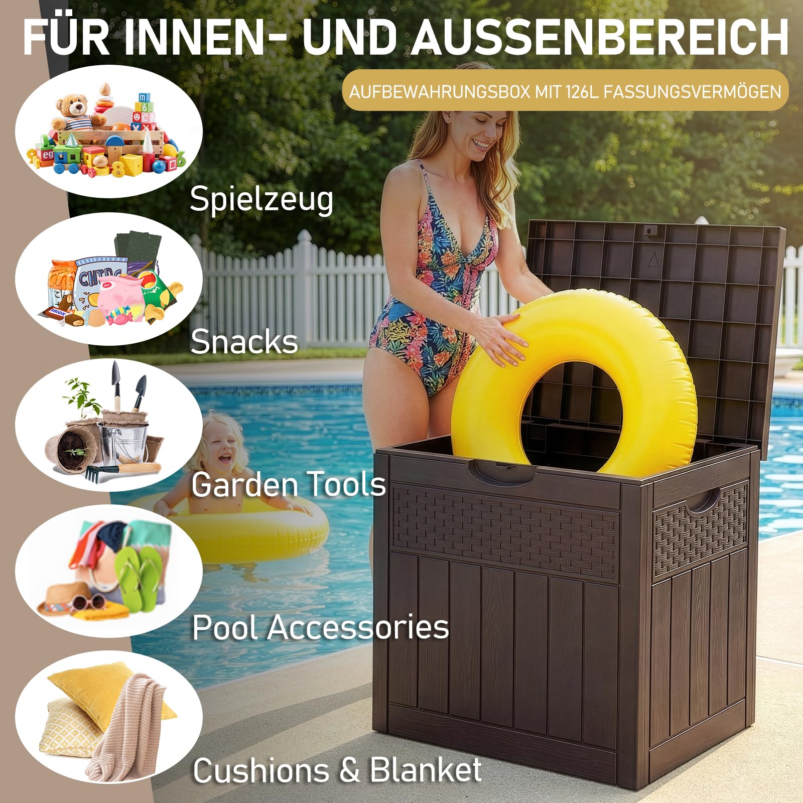 Gartenbox wasserdicht, 126L Outdoor Aufbewahrungsbox für Gartenmöbel, Poolzubehör und Werkzeug, 56 x 53 x 43 cm, Braun