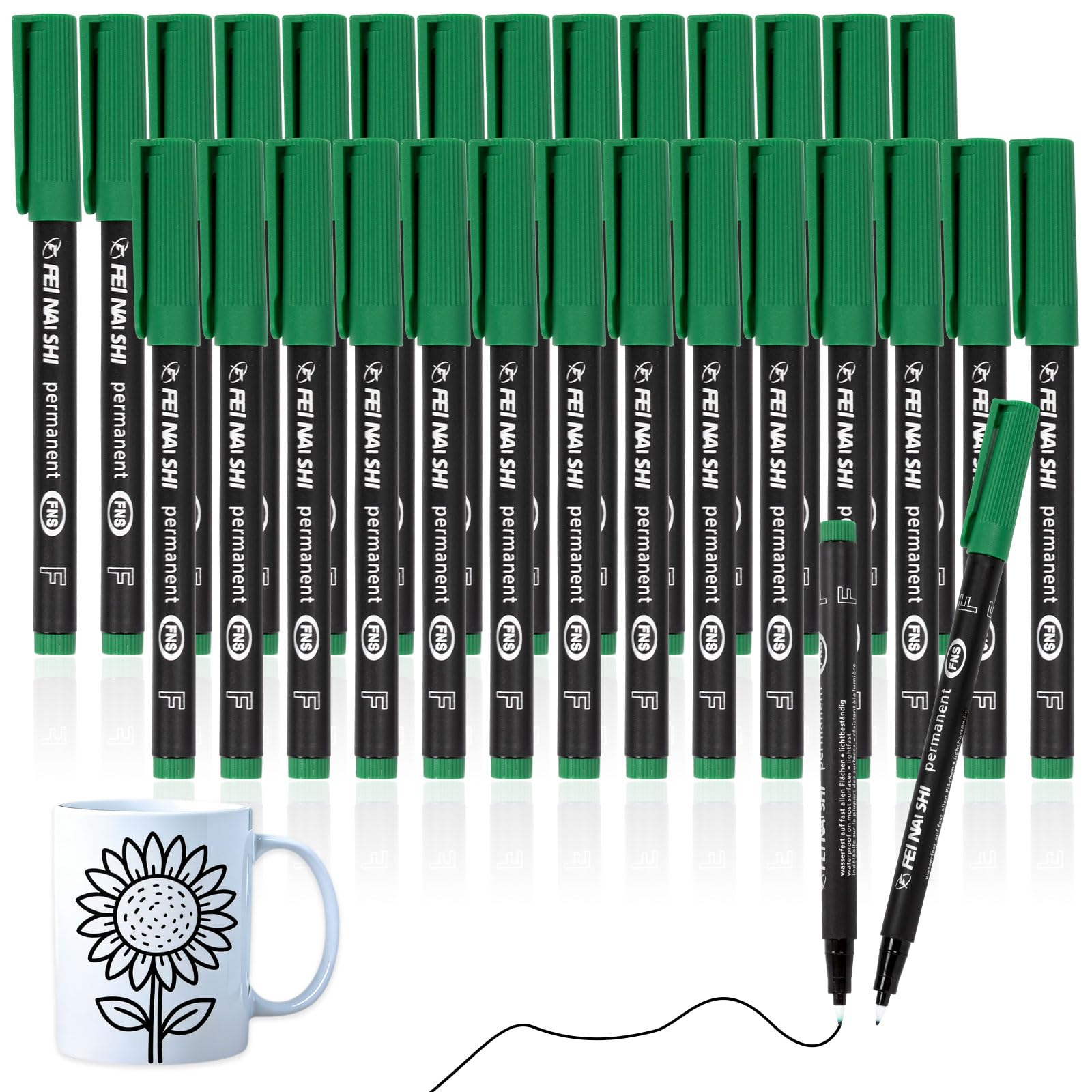 Kunoli 30 Pcs Green Permanent Marker Pens, 0.6 mm Fine Tip, Quick Dry Waterproof Fine Point Markers for Plastic, Glass, Metal, Wood, Paper, Labelling, Office and School Use (Green)