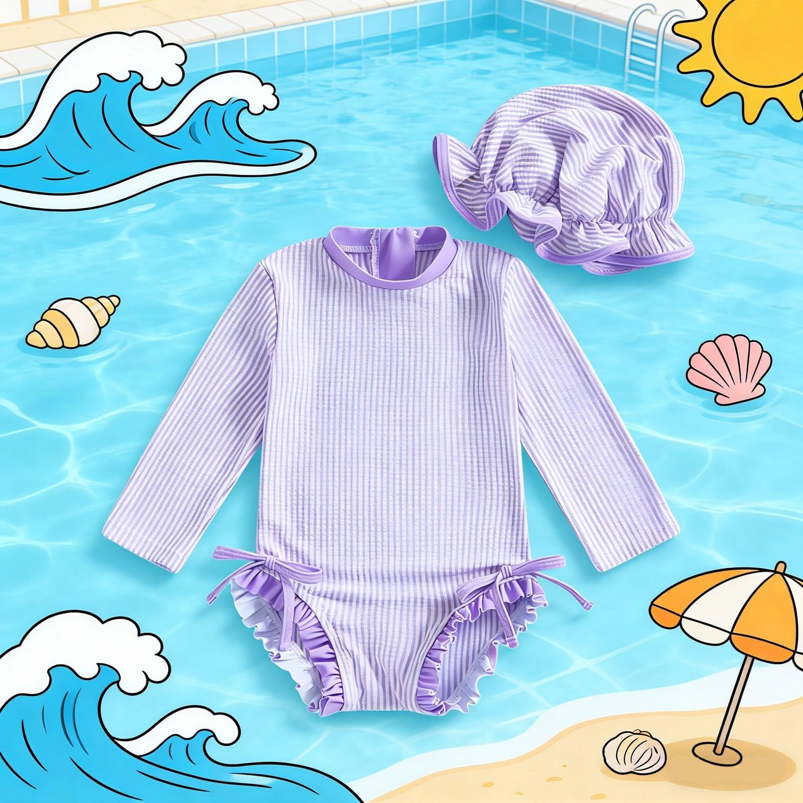 Generisch MäDchen Sunny Bañador de rayas para niñas con lazo, de dos piezas, bonito juego de gorro de baño y gorro de baño para niños pequeños, ideal para la playa de verano