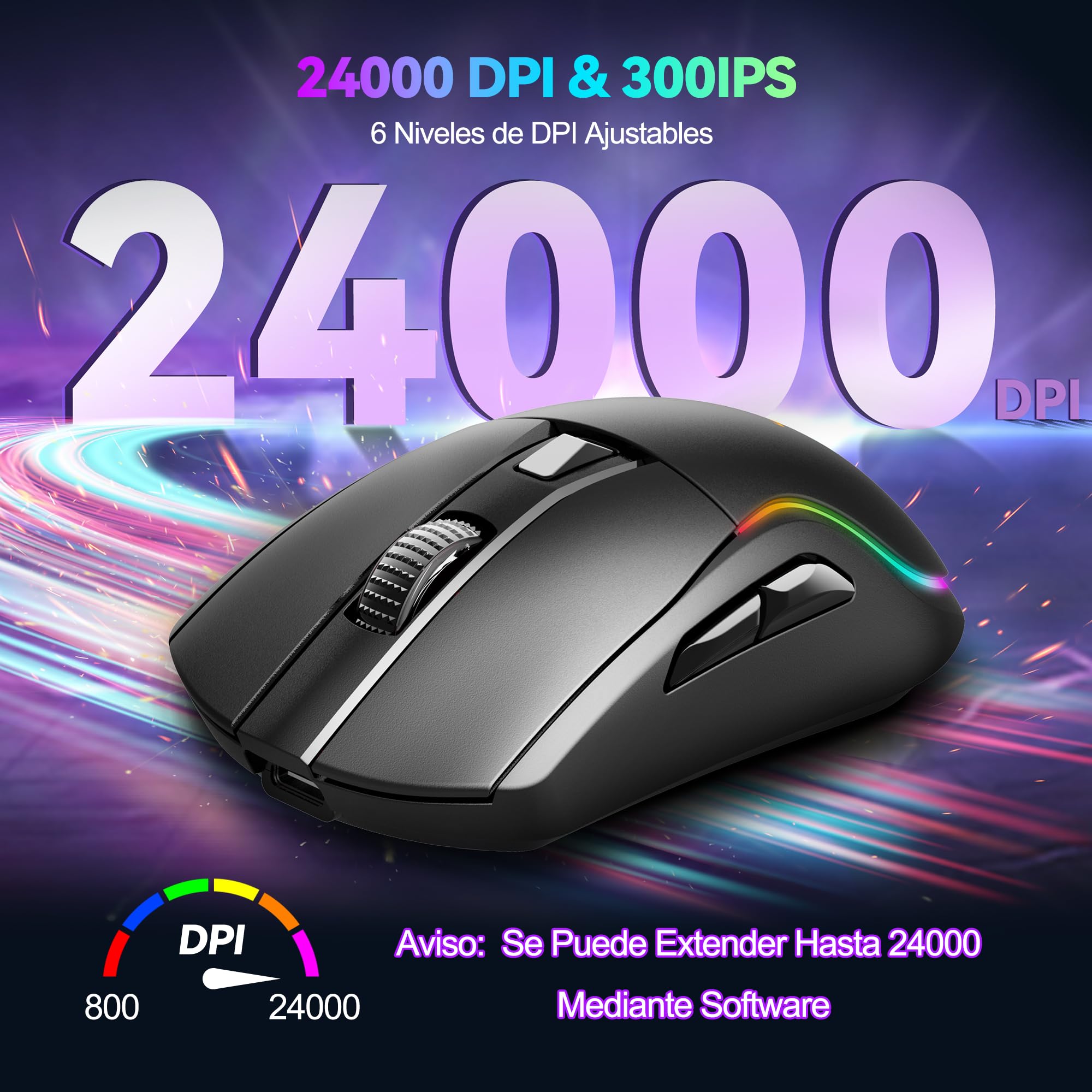 TECKNET Ratón Gaming Inalámbrico 24000 dpi, Conexión Bluetooth / 2.4G / USB-C, Recargable, 1000 Hz Tasa de Sondeo, 6 Botones Programables y Luces RGB Personalizables, Ergonómico para PC/Mac