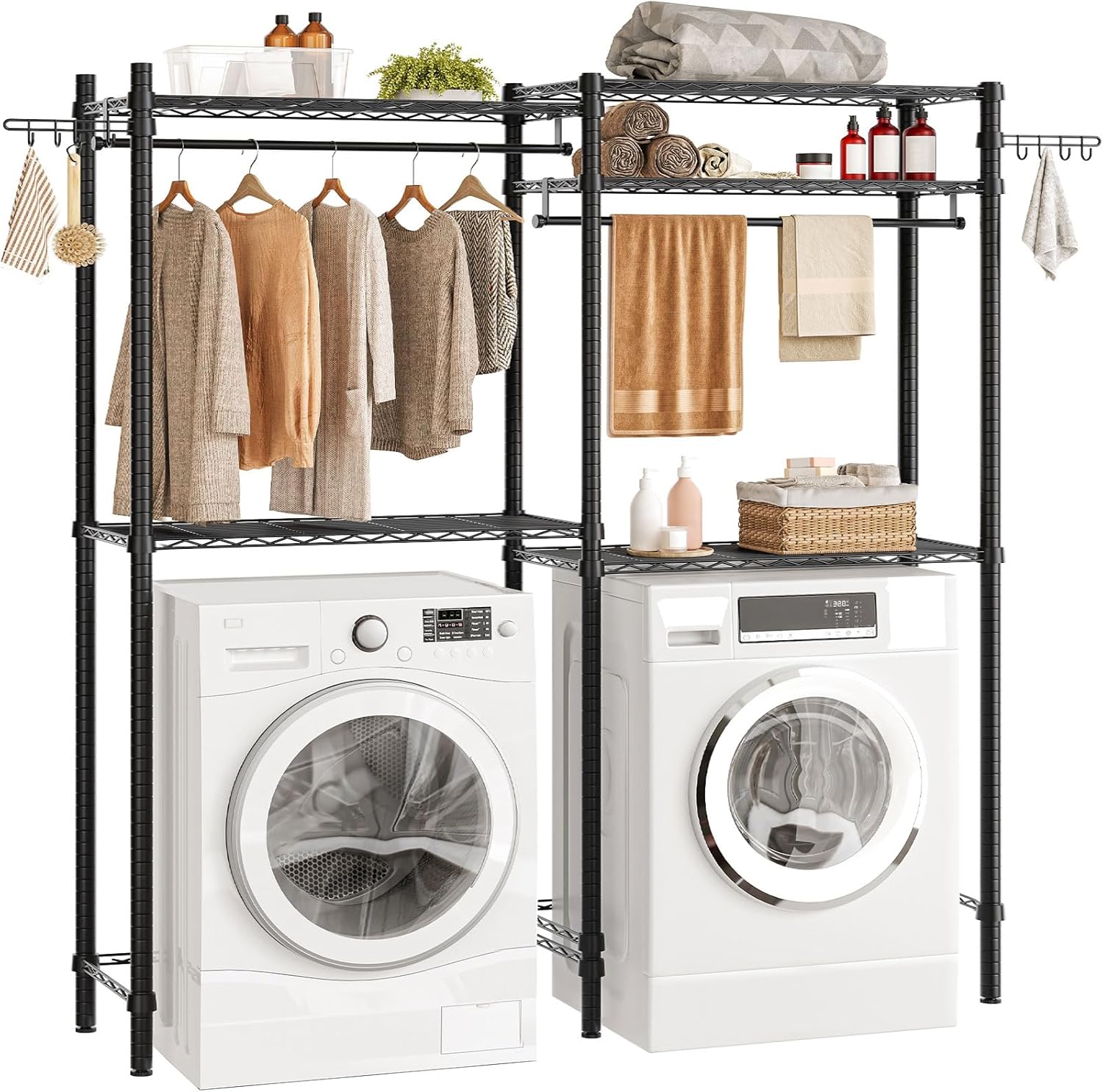 HOOBRO Over Washer and Dryer Storage Shelves, 5 Tier Laundry Room Standing Shelf with 2 Hanger Rods and Rotatable Hooks, Clothes Drying Rack, 63.4" W x 13.4" D x 76.7" H, Black BK05LR01