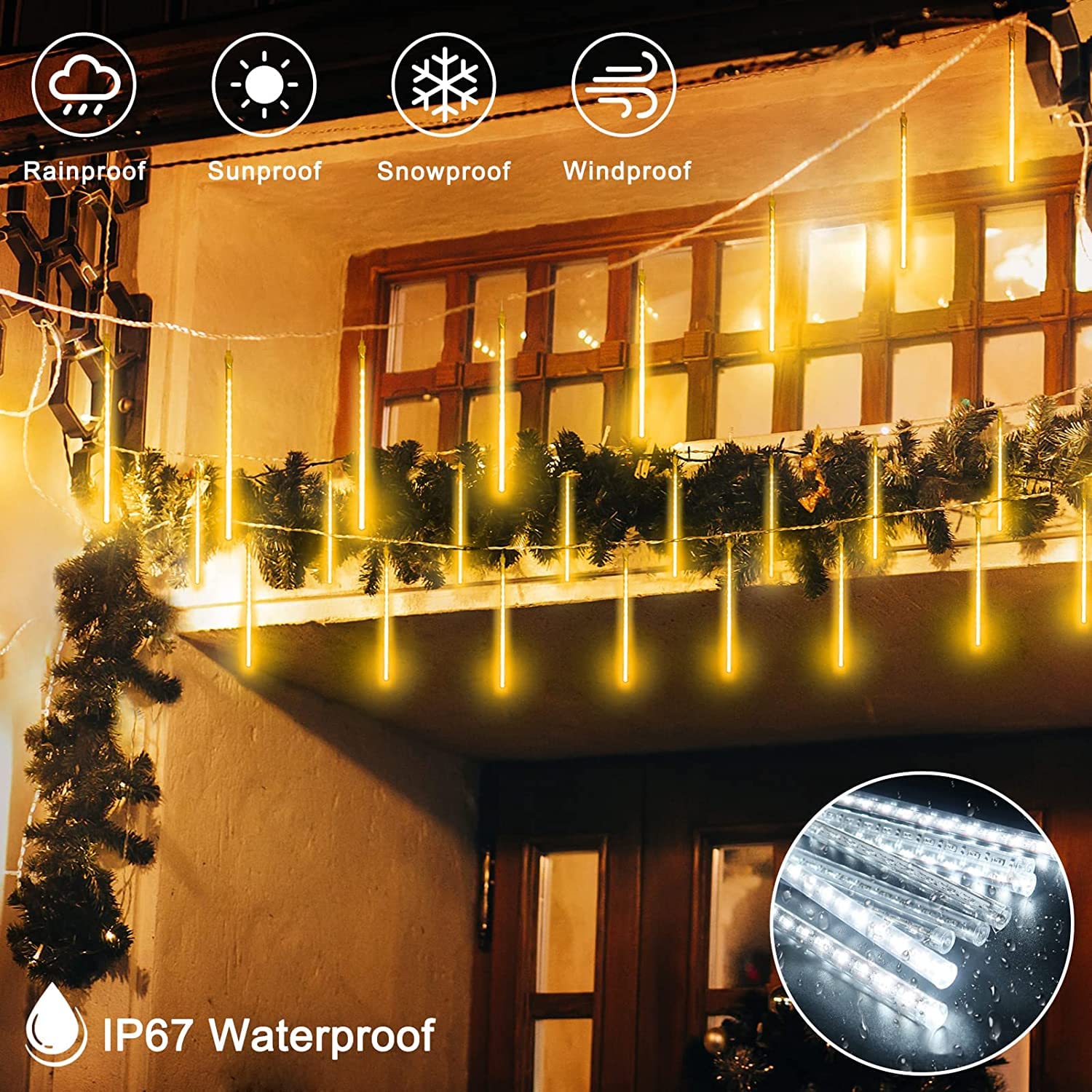KINGCOO Solar Meteorschauer Regenlichter, Wasserdichte 30cm 10 Tube 360LEDs Schneefall Regentropfen Weihnachten Lichterketten für Hochzeit Party Garten Außen Innen Dekoration (Warmweiß)