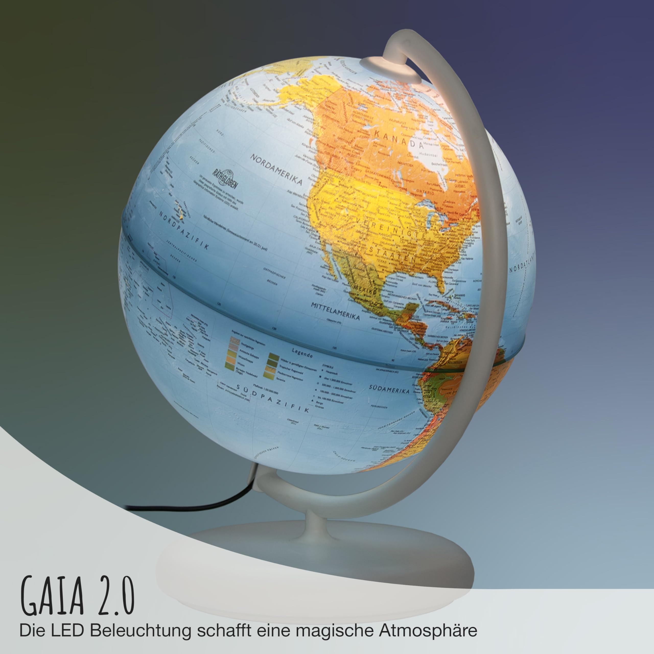 Gaia 2.0 - interaktiver 25 cm Globus mit aktueller Augmented Reality App, Leuchtglobus mit deutscher, physisch/politischer Doppelbild-Kartografie