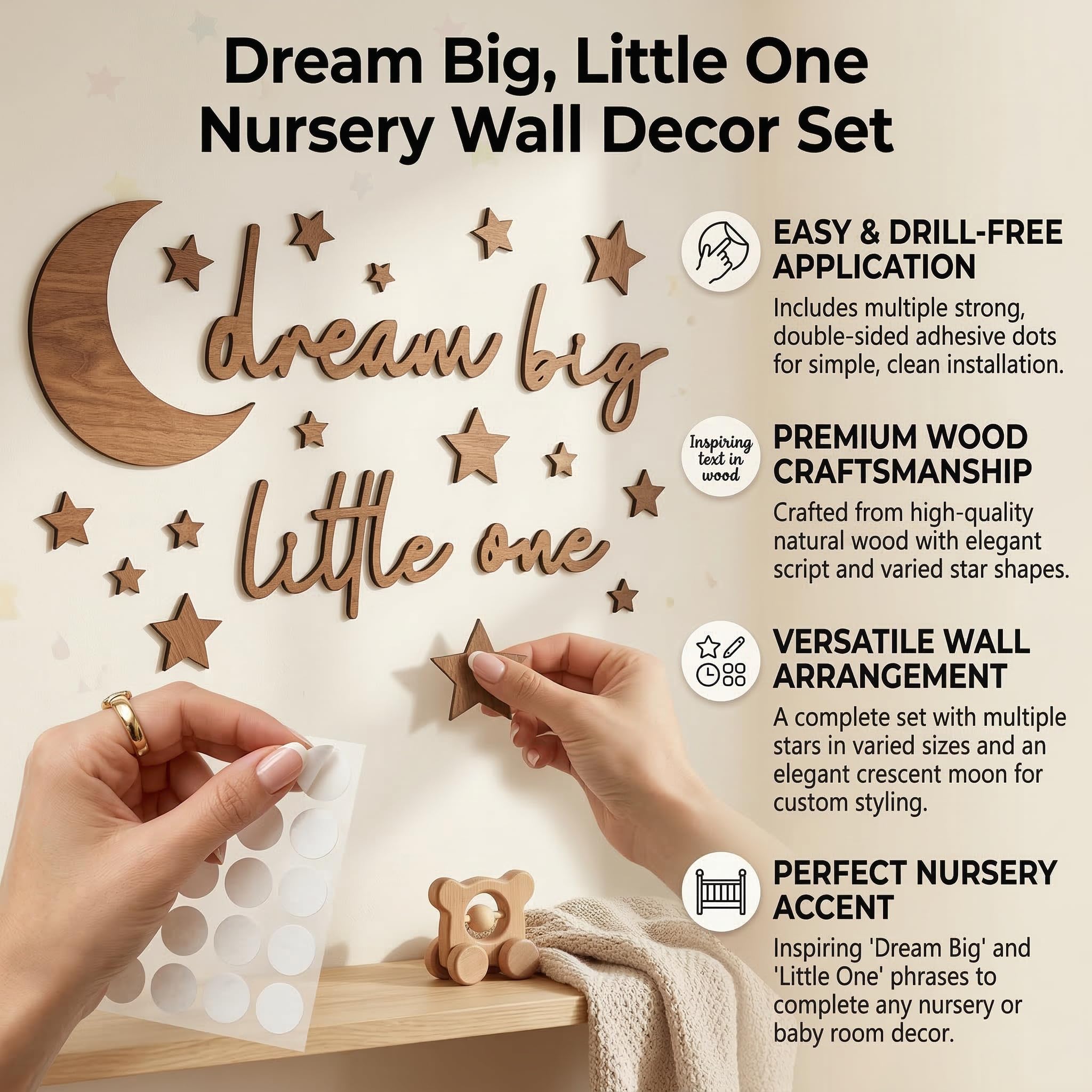 Decorazione da Parete in Legno Dream Big Little One 15 Pezzi Lettere in Legno con Luna e Stelle Stile Boho per Camera da Letto Bambini Soggiorno Casa