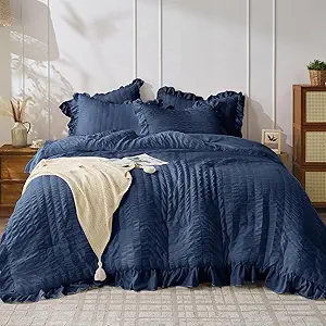 JOLLYVOGUE Navy Blue Comforter Full Size, 3 Pieces Seersucker Lightweight Full Size Bedding, All Season Fluffy Microfiber Bedding Comforter Set with 1 Ruffle Comforter and 2 Ruffle Pillowshams