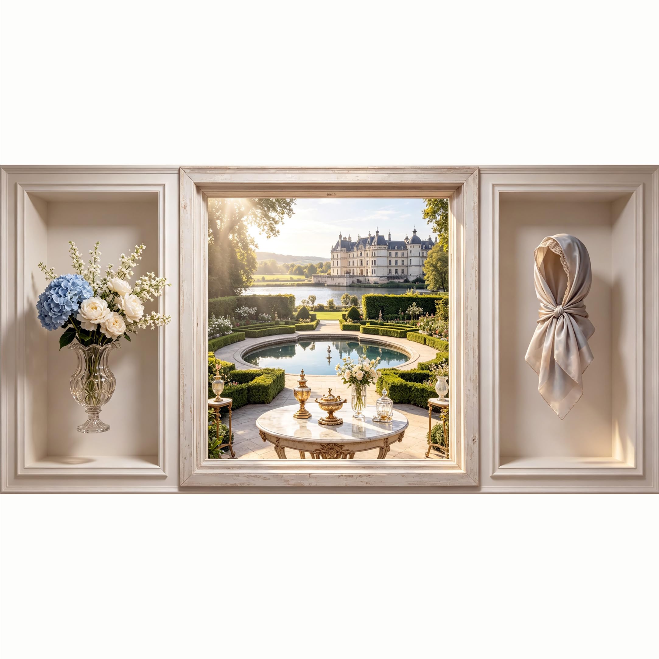 QZLITHOTIC 50x100cm 3D Framed Wall Art， French Chateau Landscape Garden Self‑Adhesive Mural， Water‑Activated Peel & Stick Fabric Decor Wall Decal for Bedroom Living Room
