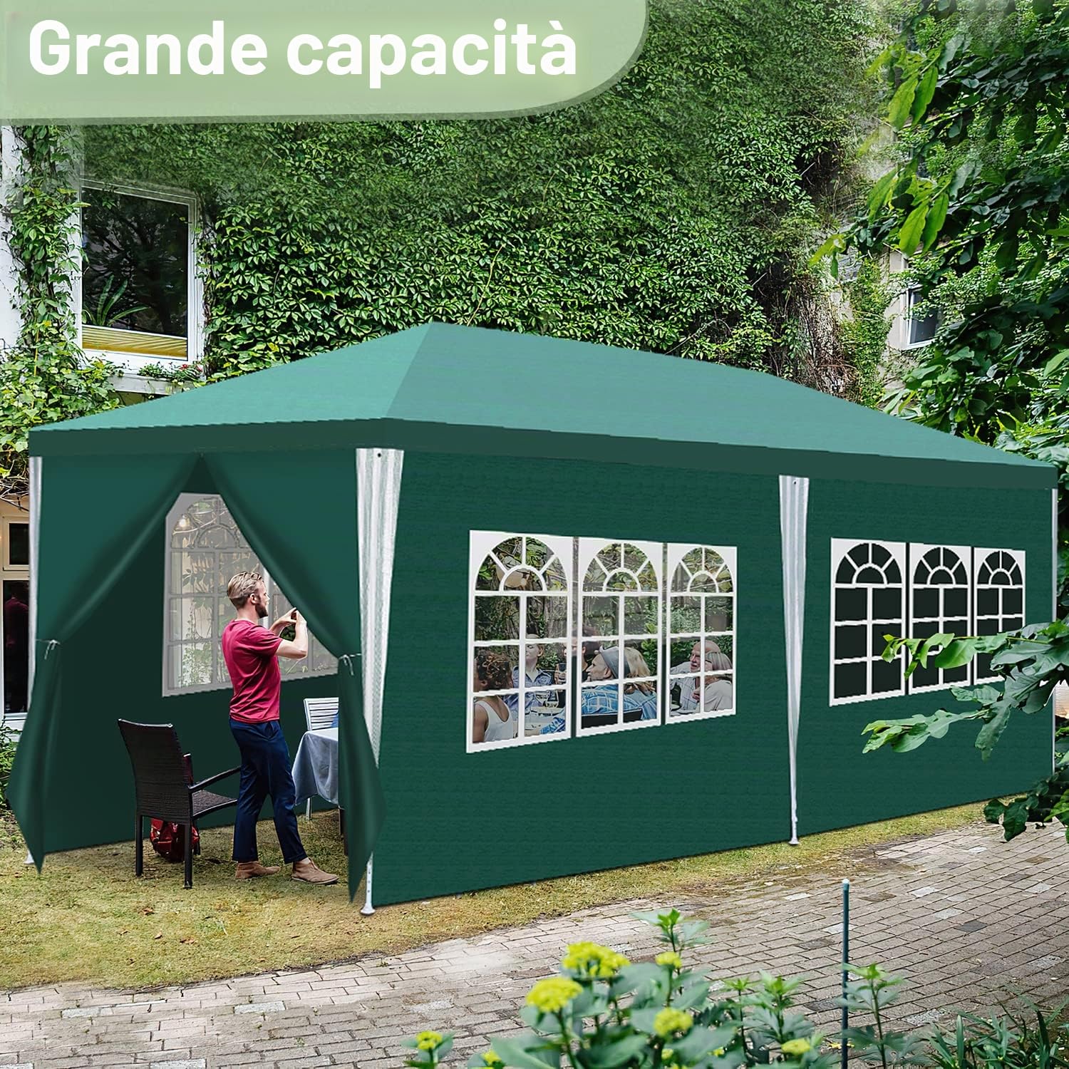 Sonnewelt Gazebo da giardino, 3 x 6 m, impermeabile, in PE di alta qualità, resistente ai raggi UV, 100 g/m², con 6 lati di colore verde