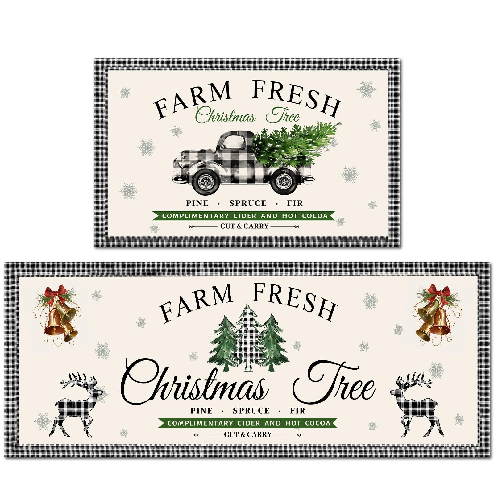Christmas Farm Fresh - Juego de 2 tapetes de cocina de Navidad, diseño de búfalo, a cuadros, decoración de invierno, árbol de Navidad, camión, cocina, suelo, 43 x 71 cm y 43 x 119 cm
