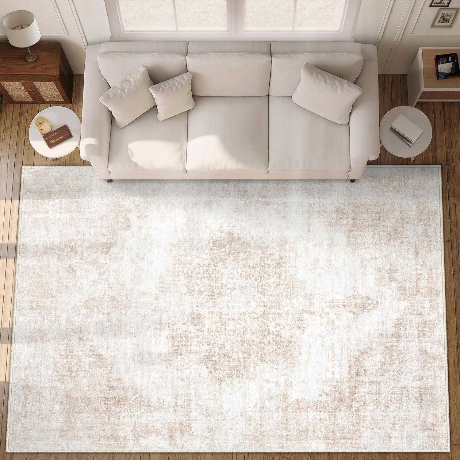 Area Rug 9x12 Vintage Rugs: Large Washable Living Room Rug Retro Medallion Distressed Soft Low Pile Non-Slip Rugs Indoor Floor Carpet for Bedroom Dining Table Office (Beige/Brown,9'x12') Beige/Brown 9' x 12' (Rectangular)