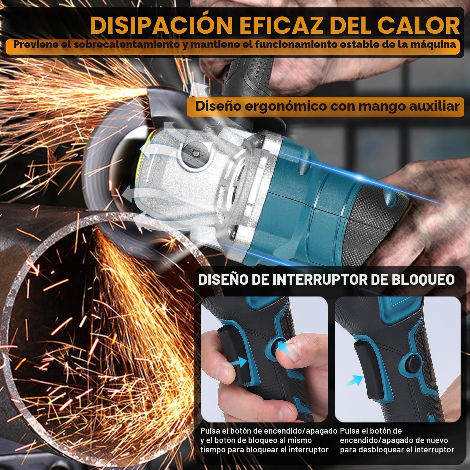 Weytoll Amoladora angular inalámbrica 125 mm, 21 V, motor sin escobillas, 2 baterías 1300 mAh, deflector grueso, mango auxiliar, velocidad regulable, bloqueo husillo