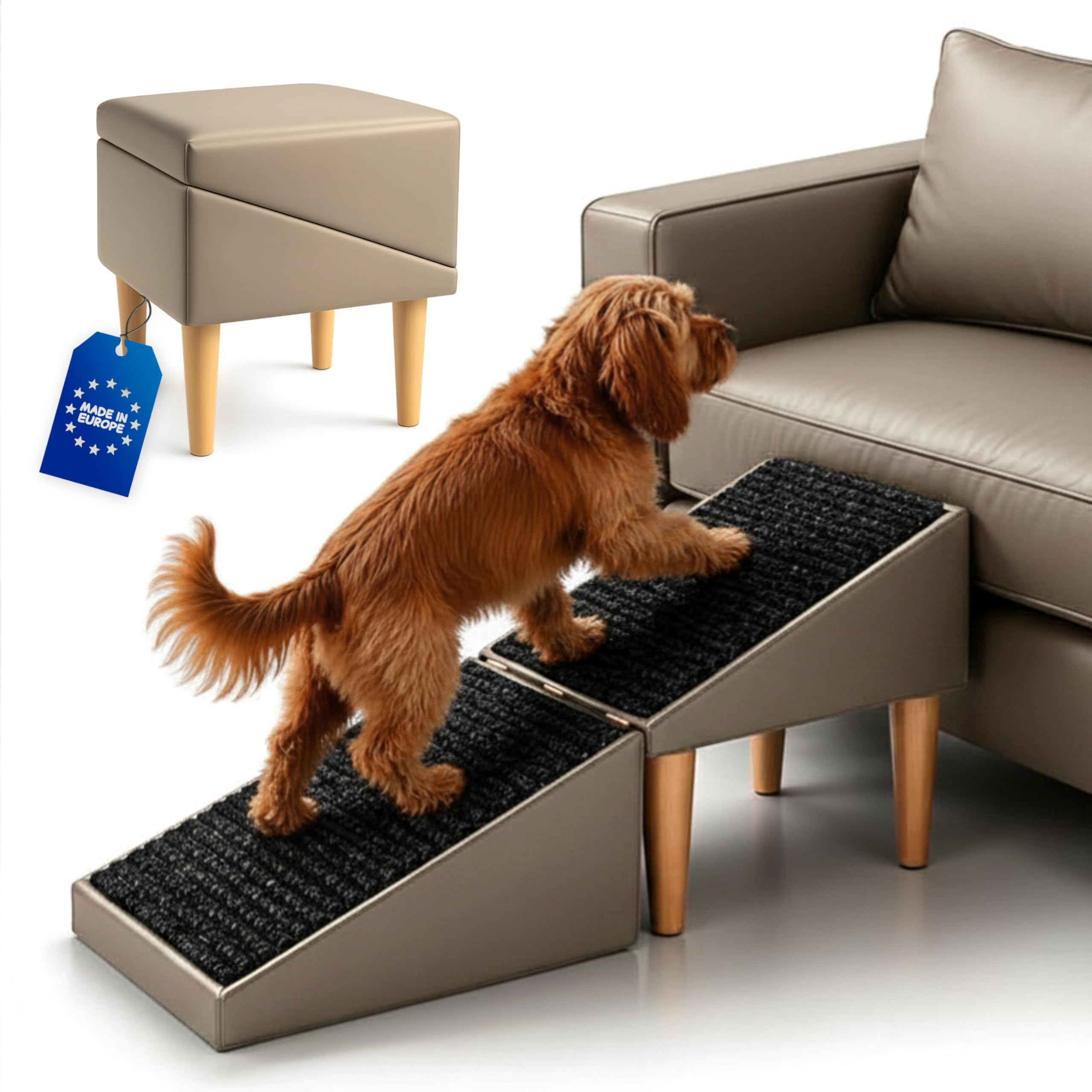 Siège & Escalier pour Chien Antidérapant 2 en 1 – Rampe et Marches pour Chiens & Chats Âgés – Marche ou Fauteuil – Mobilier Pliable et Esthétique pour Intérieur - 36 cm de Hauteur, Effet Cuir, Beige