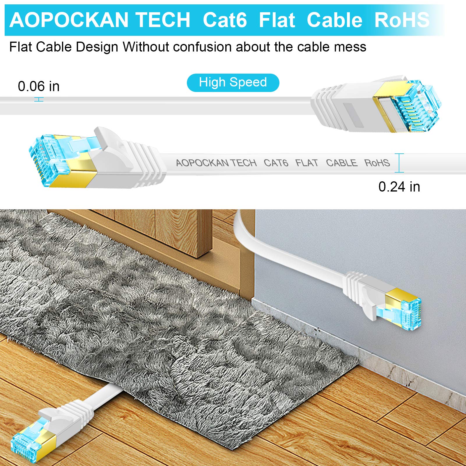 Cat-6-Ethernet-Kabel, 22,9 m, flaches Internet-Netzwerk-LAN-Patchkabel, solides Cat6-High-Speed-Computerkabel mit Clips und RJ45-Steckern für Modem, Router, PS4, schneller als Cat5/Cat5e, 22,9 m, Weiß