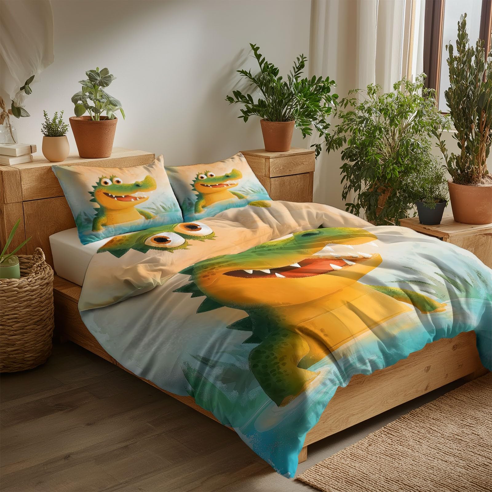 Générique Komplet pościeli dziecięcej 200 x 200 cm Kreskówka Krokodyl Poszwa na kołdrę Miękka i oddychająca mikrofibra, żółta pościel 1 osoba Zamek błyskawiczny Poszewki na poduszki 65x65cm