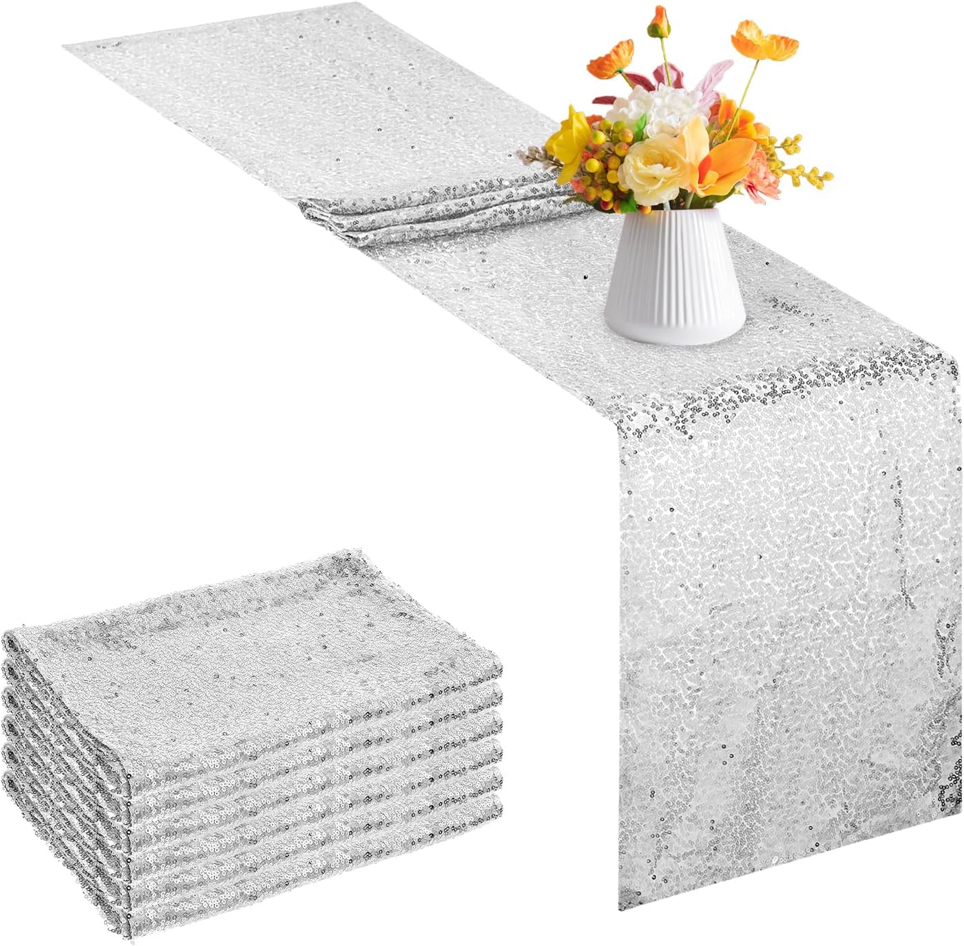 6 Pack 12" x 108" Sequin Table Runner, Silver Glitter Table Runner,Rectangular Table Runners for Birthday,Wedding, Banquet,Holiday Party Decorations