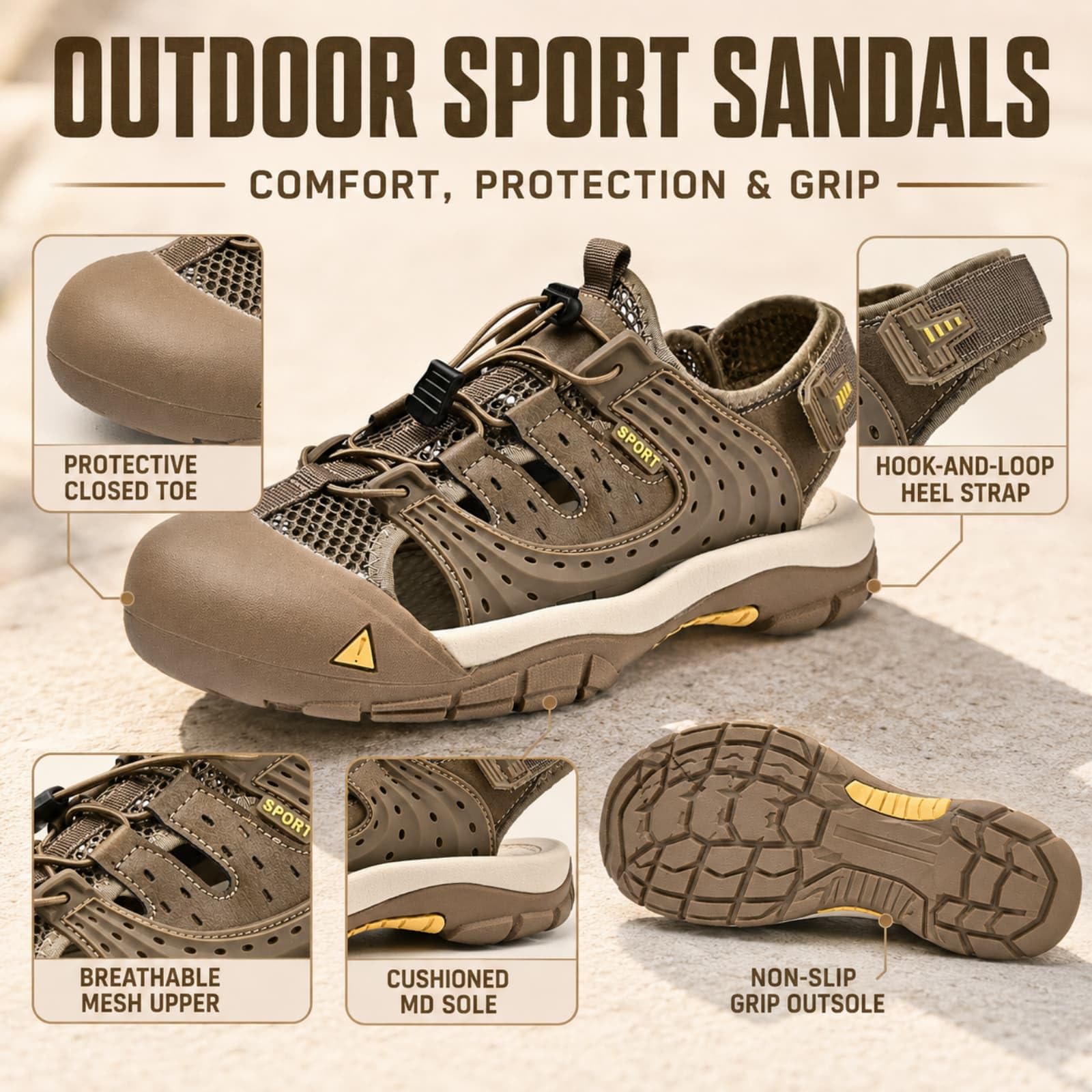 ENEN Sandali da Uomo con Punta Chiusa per Trekking, Sandali Escursionismo Supporto Arco Piedi Sandali Sportivi Antiscivolo 38-46 EU Scarpe Escursionismo Estive Traspirante