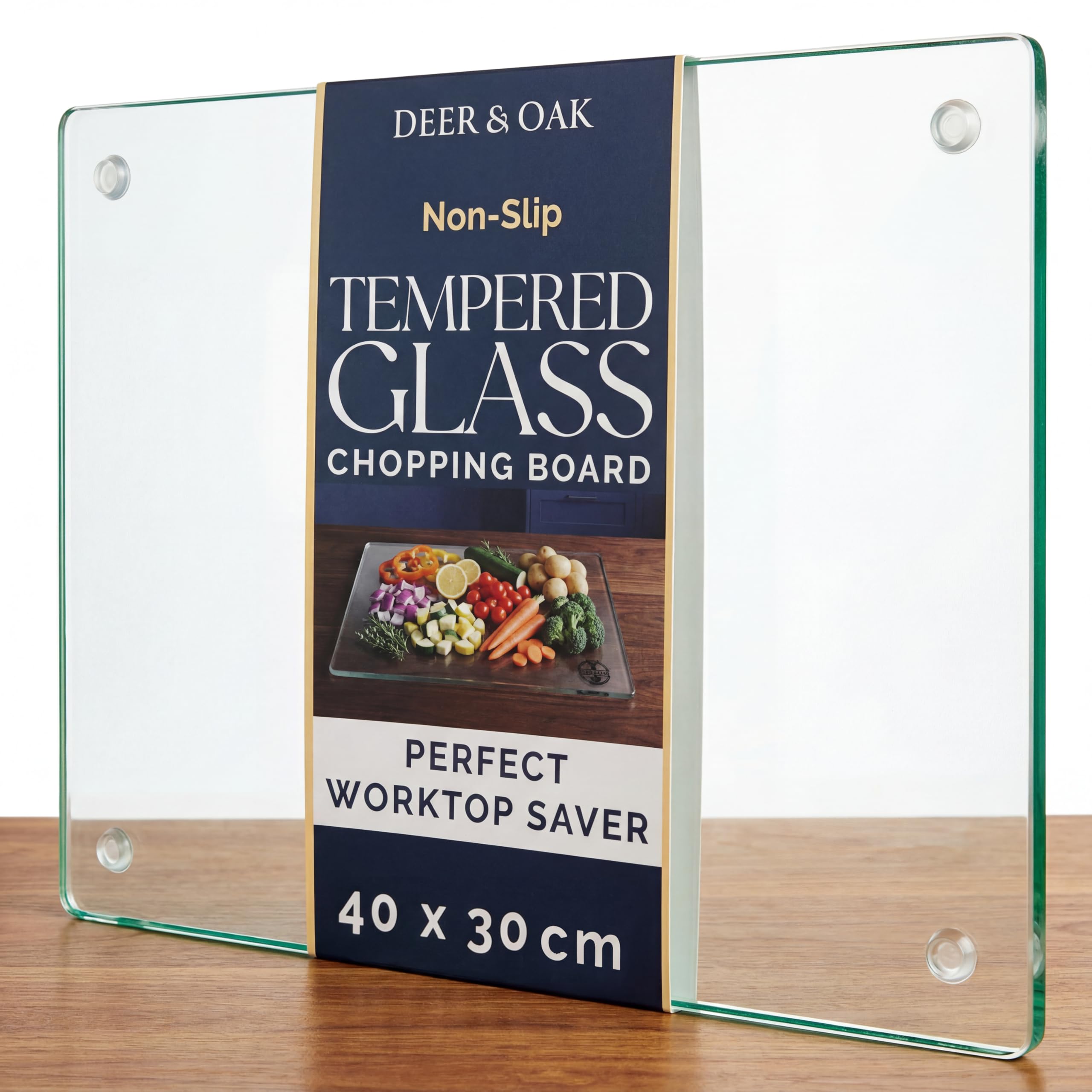 Deer & Oak Extra Large Transparent Glass Chopping Board (3 Pack) 40x30cm, Thick Clear Tempered Glass Worktop Saver Cutting Board, Heat-Resistant with Non-Slip Feet