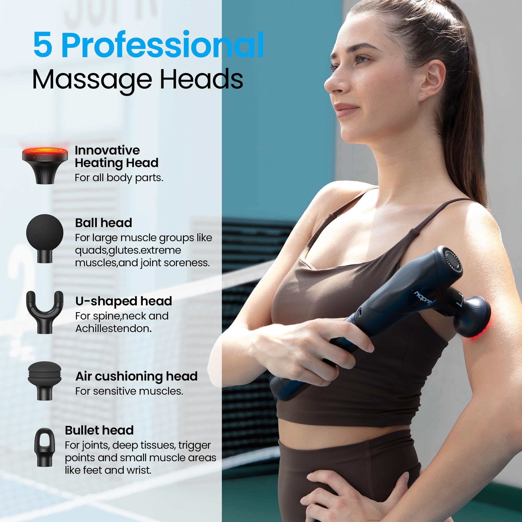 Pistola de Masaje Muscular Calor y Luz roja,NAPRE Mini Pistola Masaje Massage Gun con Mango Desmontable,5 Cabezales,Silencioso,Pistola Masajeadora Muscular Cervical y Espalda–Regalo Para Hombre,Mujer