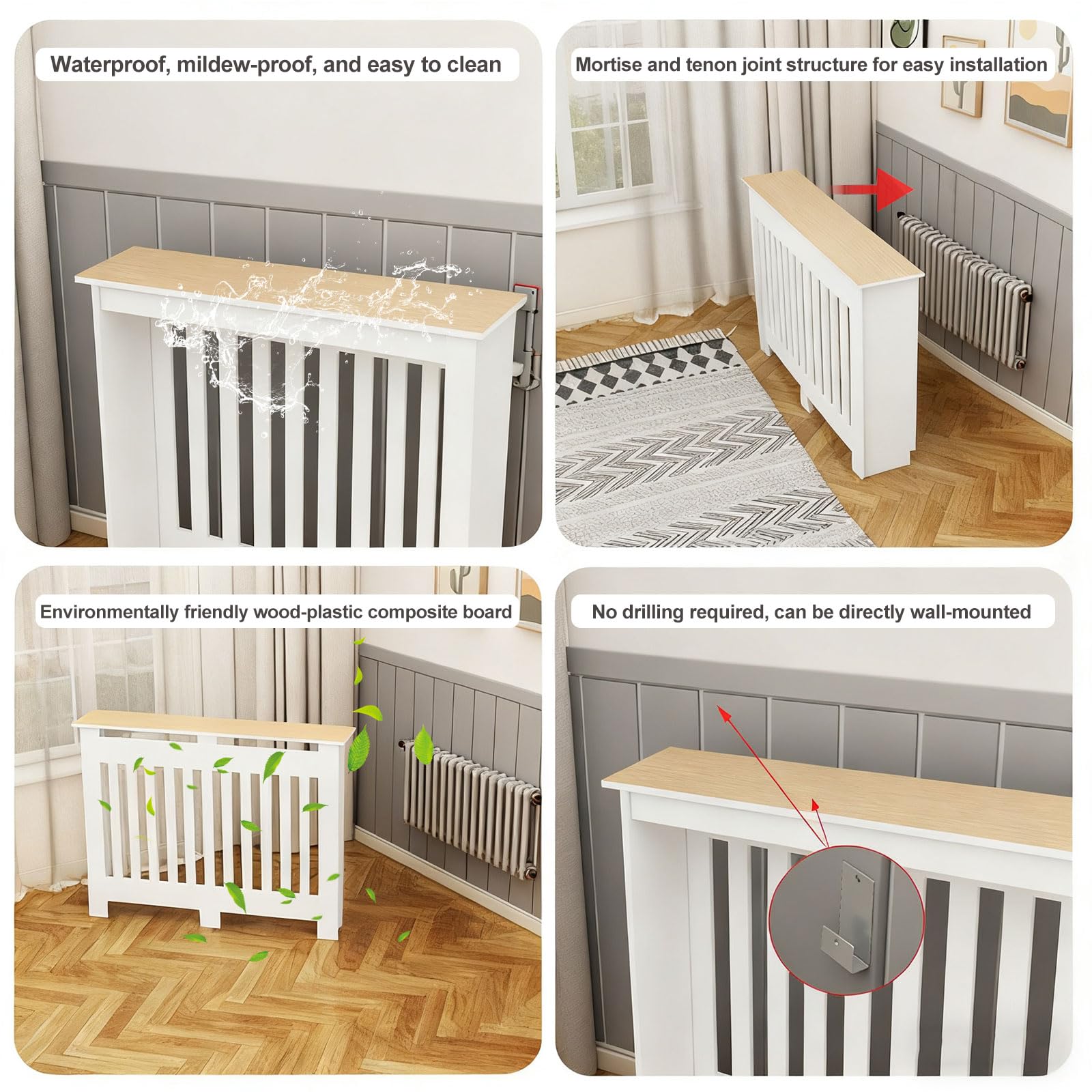 Biała nowoczesna osłona grzejnika z półką pionowa konstrukcja kratki żaluzji łatwa instalacja bez wiercenia idealna do salonów sypialni korytarzy 58 cm dł. x 9,8 szer. x 53 cm wys