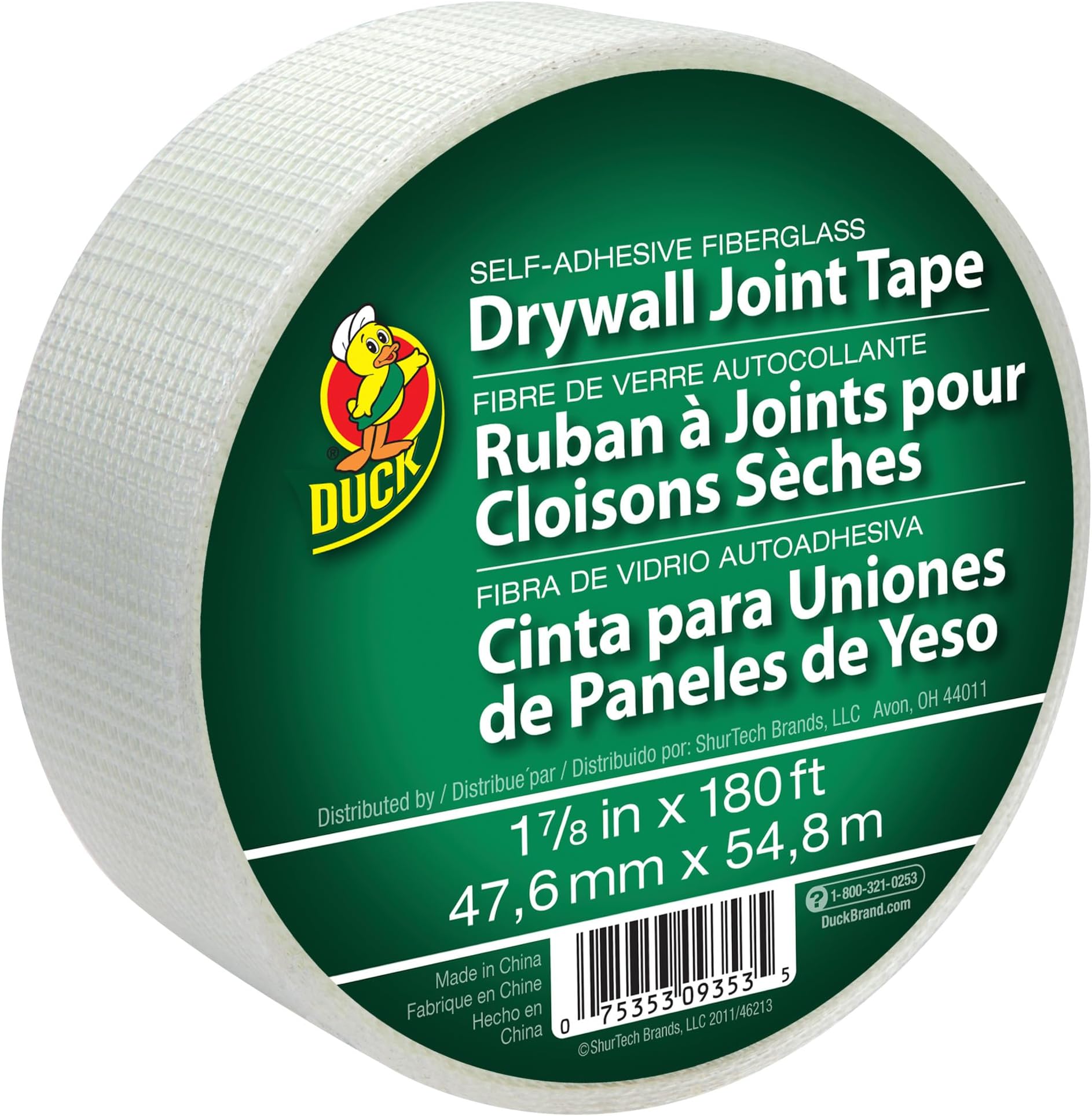 Duck Brand 1.88-Inch by 180 Feet Single Roll Self-Adhesive Fiberglass Drywall Joint Tape, White (282083)
