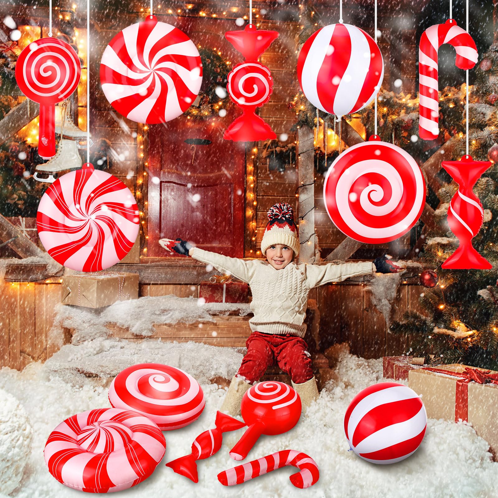 Jetec Lot de 16 décorations de Noël gonflables Rouges et Blanches de 22,9 cm à Suspendre en PVC pour Sapin de Noël, Cour, Porche
