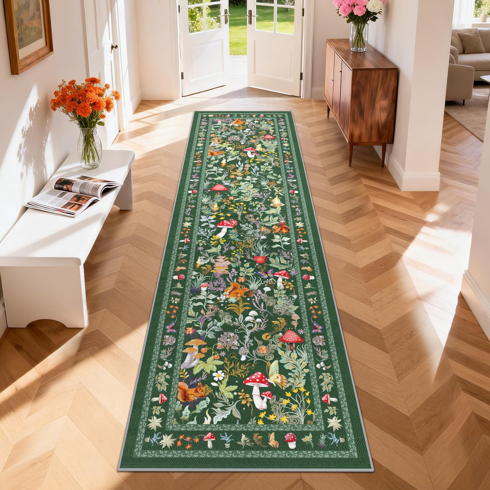 Geanup Runner Rugs for Hallway 65x240cm, Green Washable Extra Long Hall Runners Non Slip, Fairytale Mushroom Kitchen Carpet Floor Mat for Entryway Kids Bedroom Laundry Living Room Non Shedding â image 1