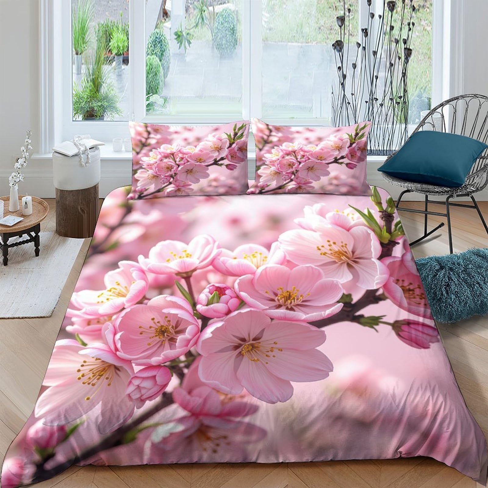 P5V6M1Q9 3D Printed Pink Cherry Blossom Duvet Cover Microfiber Soft Breathable Sakura Quilt Cover Set with 2 Pillowcases for Bedroom Decor Single（135x200cm）