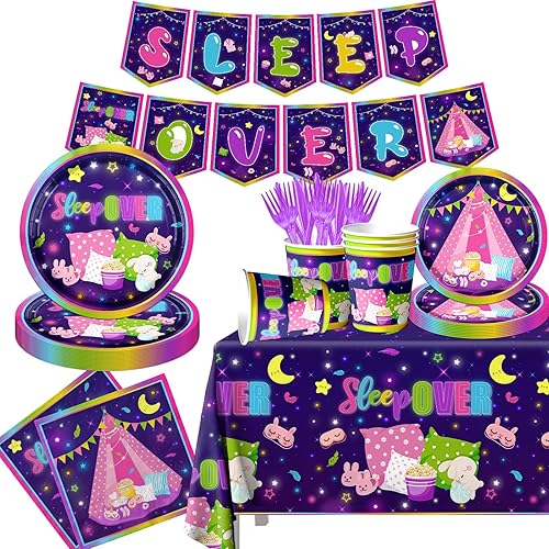 Decoraciones para fiestas de pijamas, 142 piezas de ropa de pijama, decoración de fiesta de pijama, incluye platos y servilletas, mantel de plástico