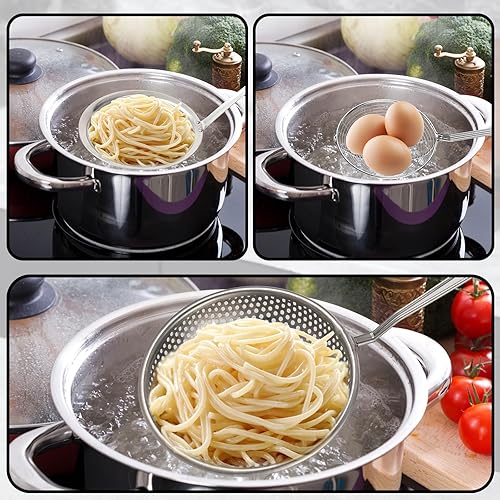 Miniatura 5 de Juego de 3 cucharas de colador y espumadera de araña, cucharón de acero inoxidable, tamiz de alambre de metal, agujeros grandes, colador ranurado,