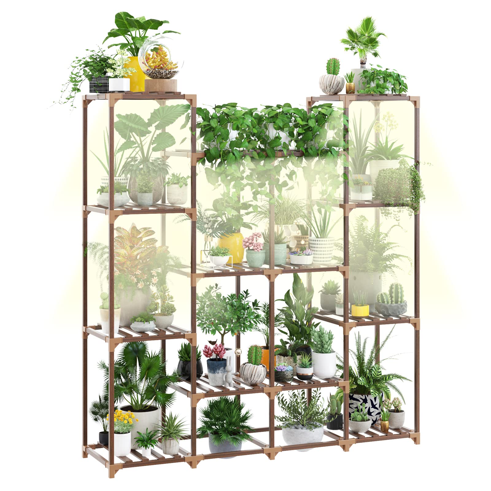 Solatmos Wood Plant Stand With Grow Lights Indoor Plants Outdoor Corner Plant Shelf Flower Stands for Living Room Balcony Garden (16 Pots)