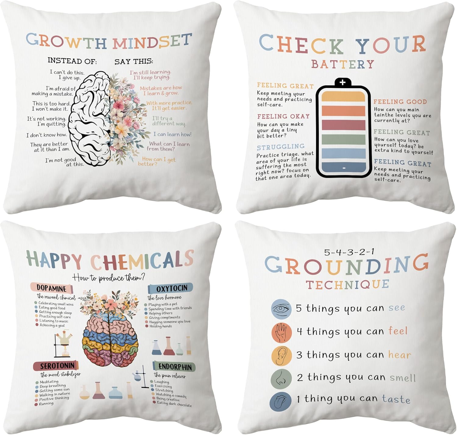 huester Boho Mental Health Pillow Covers 18x18, Therapy Office Decor, Growth Mindset Decorative Throw Pillow Cover Pillowcases for Classroom School Counselor Counseling Office Decor, Set of 4