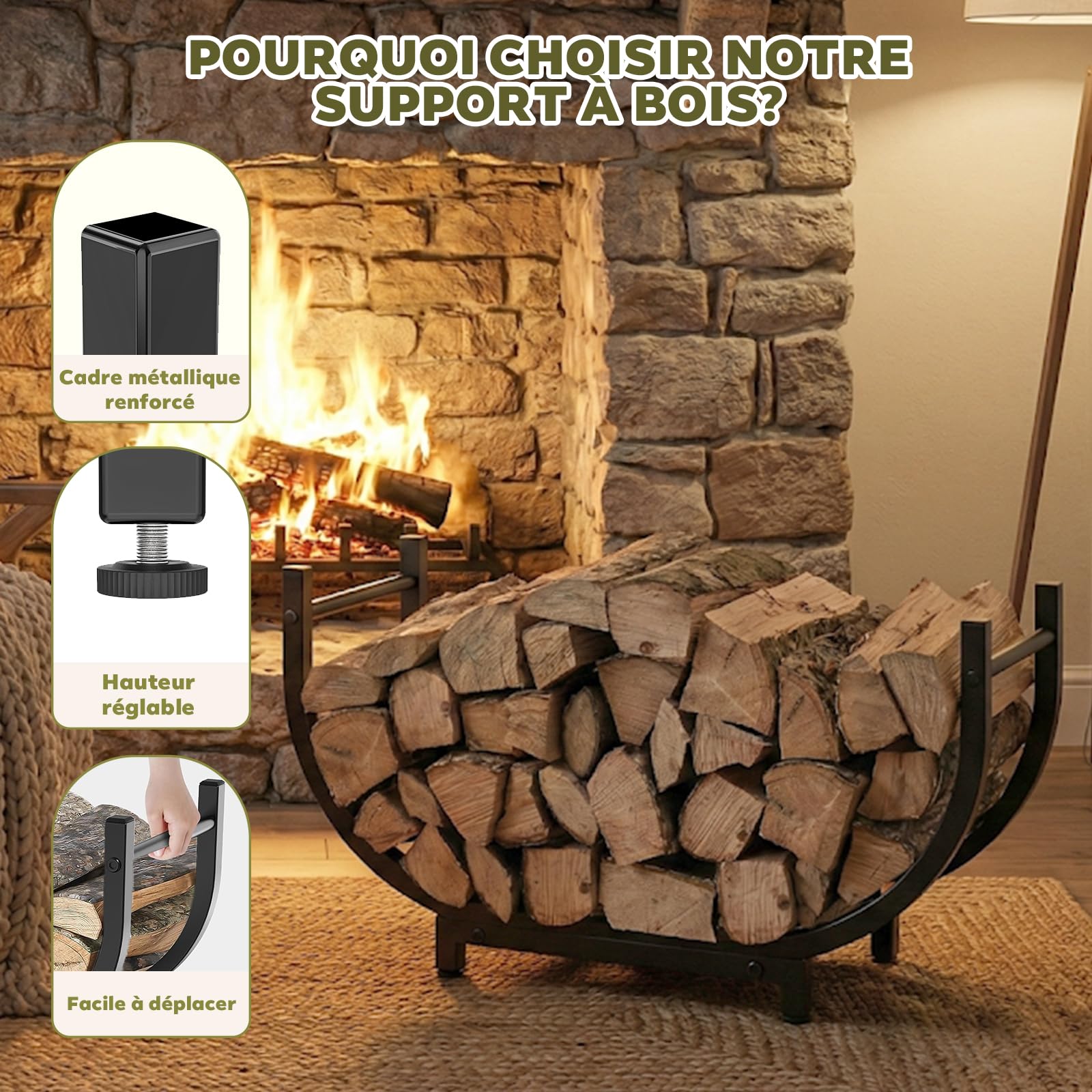 Rangement à Bois de Chauffage en Métal Porte-bûches pour Intérieur et Extérieur | Étagère Design pour Cheminée, Jardin, Camping et Camping-car | Montage Facile, Noir