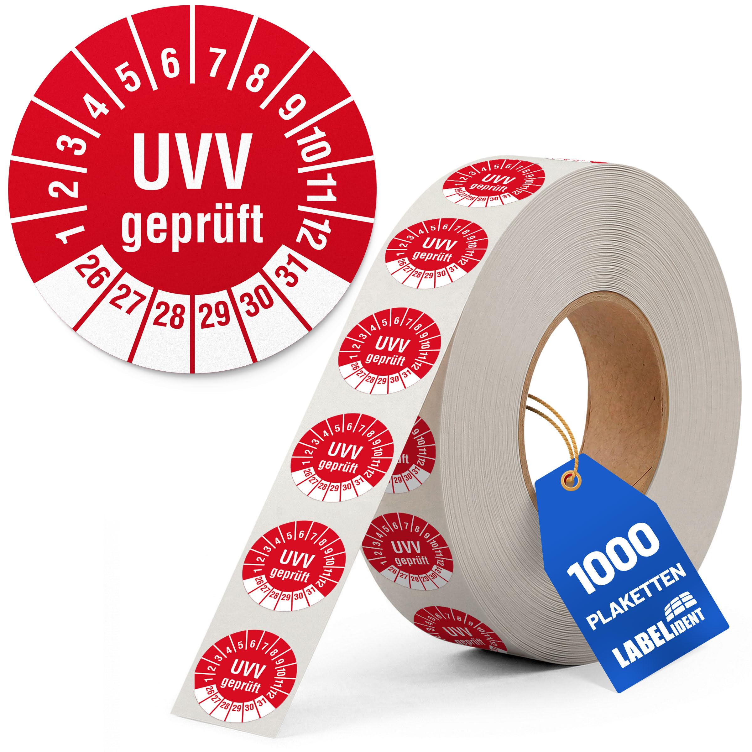 Labelident Prüfplaketten UVV geprüft - Ø 30 mm - 1.000 auf Rolle, 2026-2031, selbstklebend